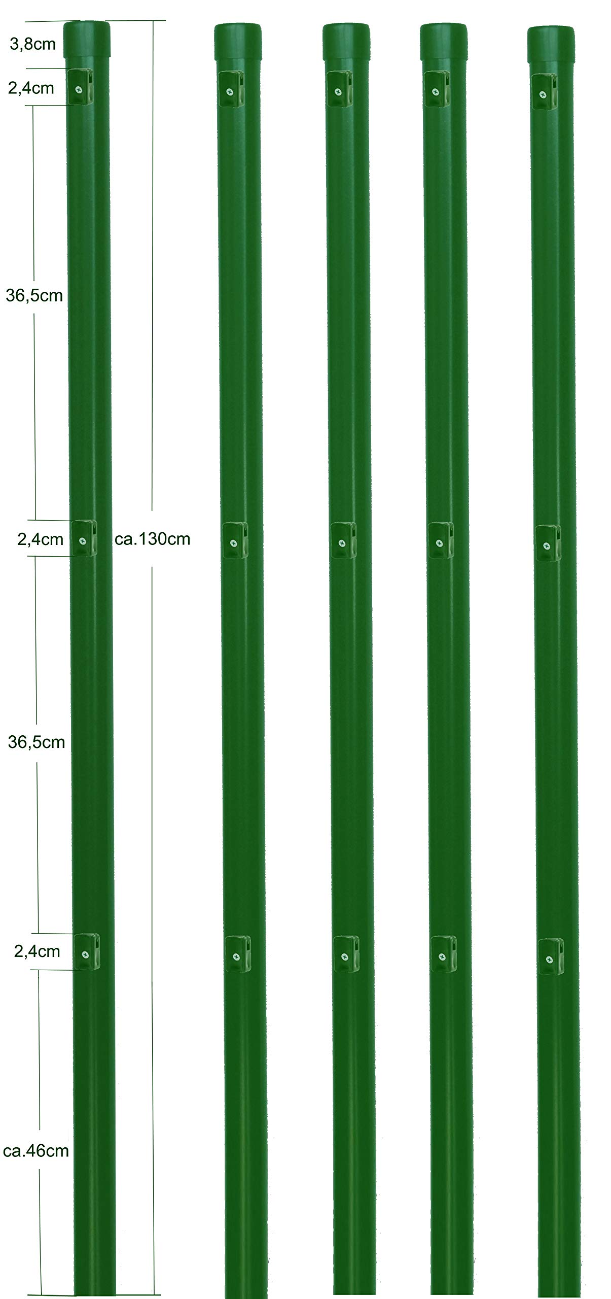 EXCOLO 5er-Set Metall-Zaunpfosten Ø34 mm, 1,3 m, pulverbeschichtet moosgrün RAL 6005, inkl. 3 Spanndrahthalter & Pfostenkappe, zum Einbetonieren – für Maschendrahtzäune bis 80 cm Höhe