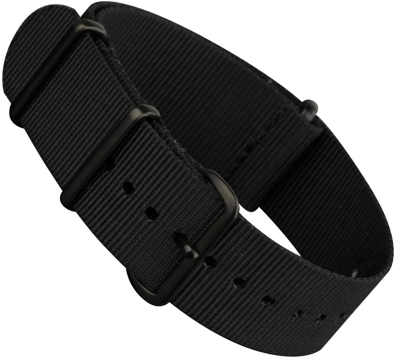 Black Infantry Military MoD NATO Nylon Fabric G10 4 Rings Watch Strap Band Black Buckle