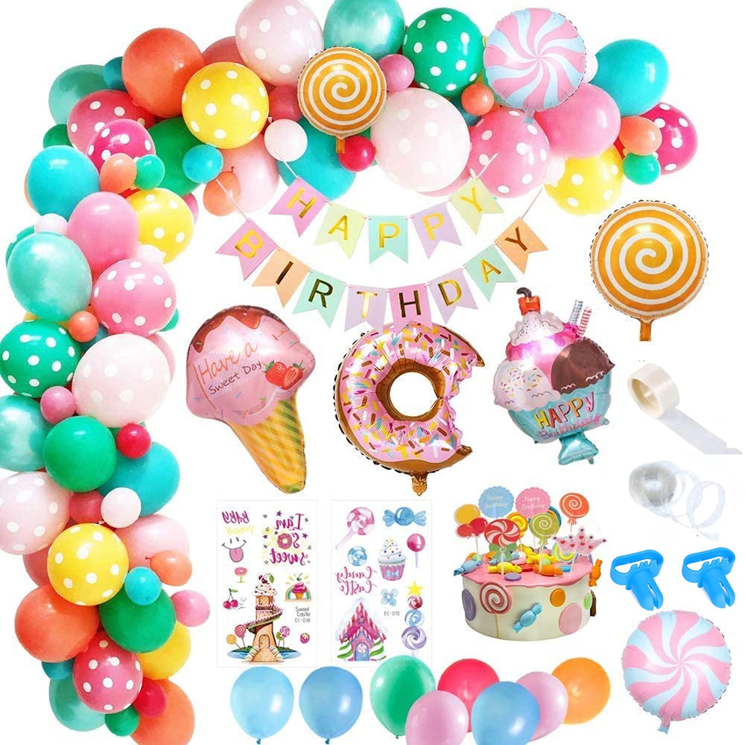 ELECTRFIRE Birthday Party Decorations, Birthday Party Supply with Happy Birthday Banner, Candy Donut Ice Cream Foil Balloon for Girls Kids Women Candyland Lollipop Party 76pcs