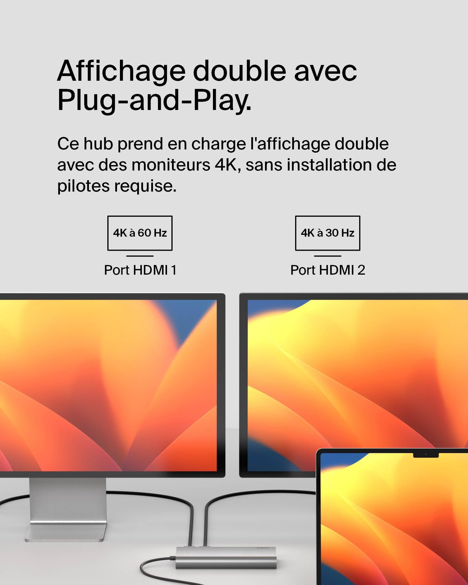 Belkin Connect Station d'accueil USB-C 8-en-1 Dock Core (Affichage Double, Technologie Silicon Motion, Mac, Windows, Chromebook, PD 100 W, Transfert de 10 Gbit/s et Ethernet de 1 Gbit/s, Argent)