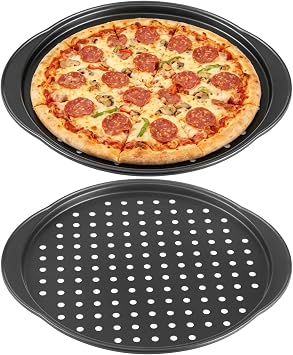 2 Pcs 14 in Pizza Pans, Non-Stick Carbon Steel Round Baking Trays for Oven with Perforated Holes, Handles, and Rolled Edges for Home DIY Crispy Pizza, Cakes, Kitchen Cooking