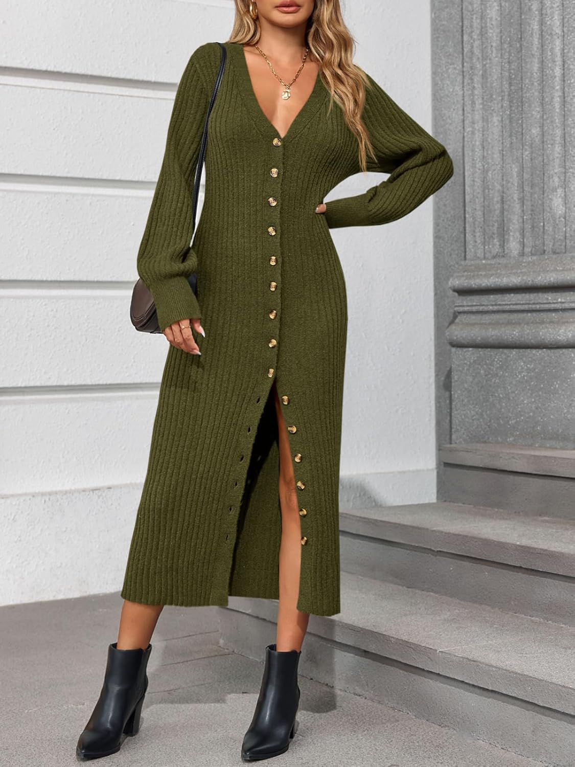 Saodimallsu Womens Long Cardigans V Neck Button Down Chunky Knit Dusters Sweater Coat Fall Trendy Maxi Sweater Dress - Image 5