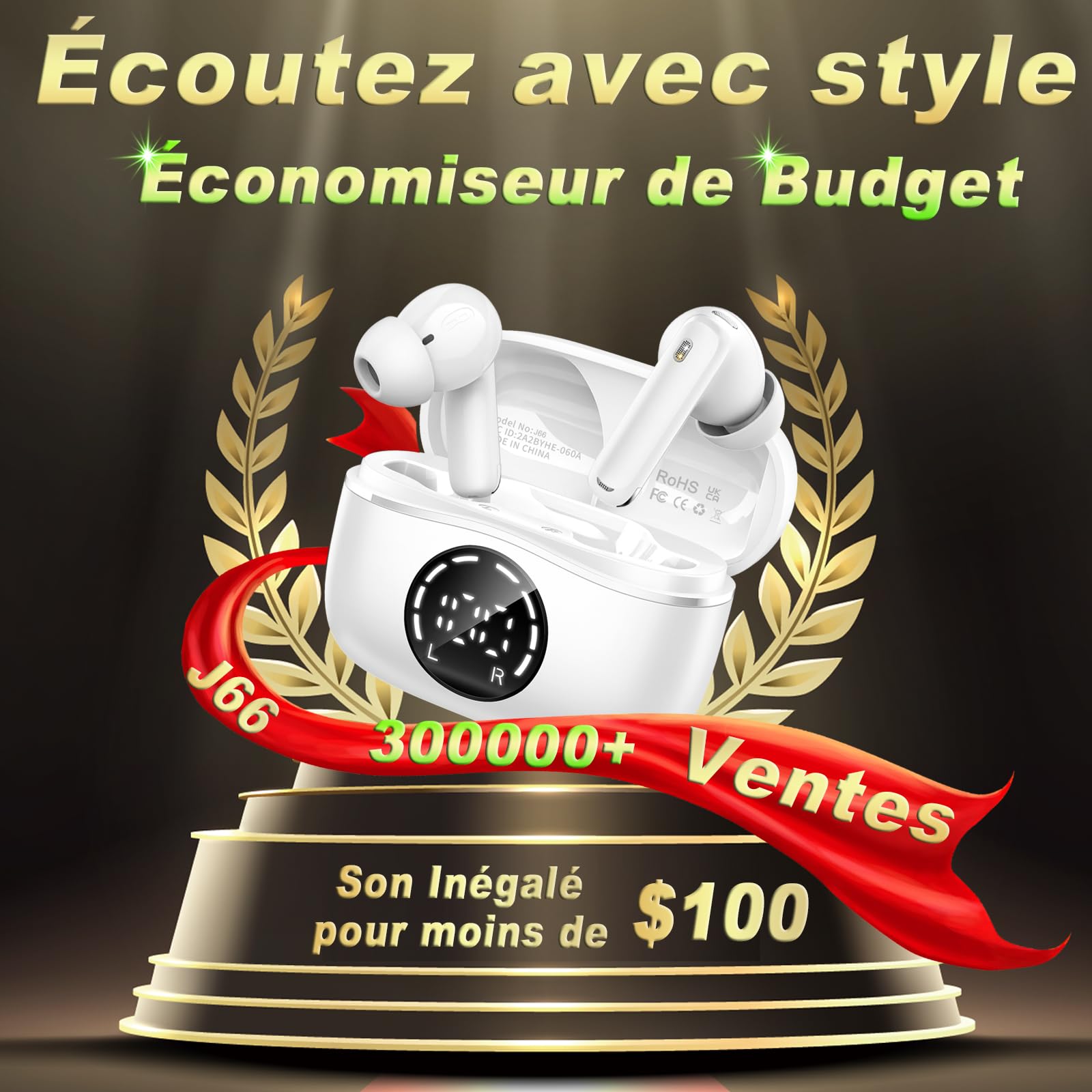 Casque Bluetooth, écouteurs sans fil ENC 4 microphones, 48h lecture, étanche pour Android/iOS