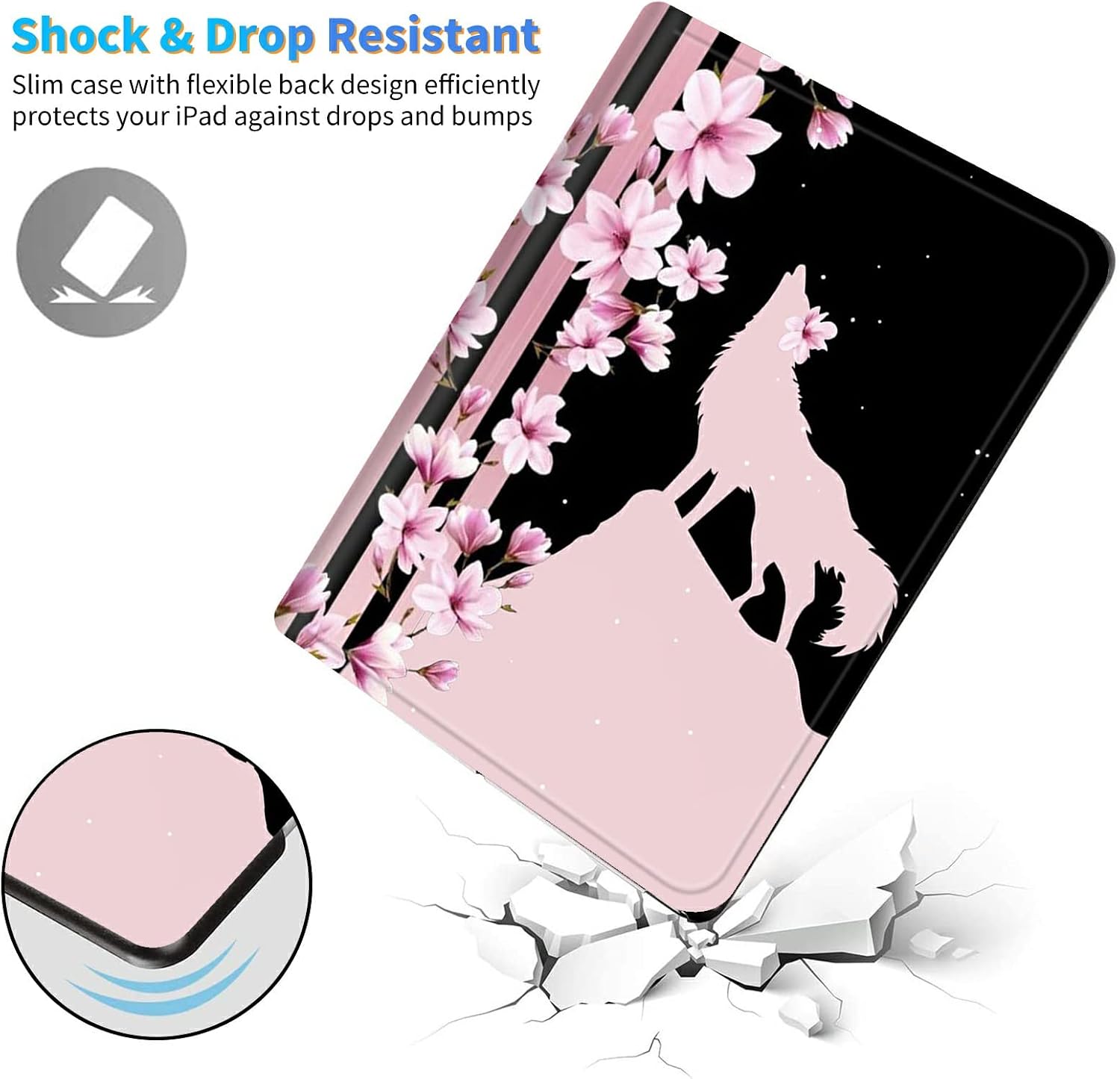 Dikoer Case for Amazon Kindle Fire HD 10 & 10 Plus Tablet (11th Generation, 2021 Release), Slim Adjustable Stand Back Shell Protection Smart Cover for Fire HD 10.1 Inch, Pink Cherry Blossom Wolf