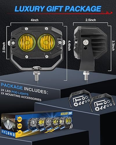 Miniatura 6 de BraveWAY Luces LED antiniebla de conducción de 4 pulgadas color amarillo ámbar de 80 W 9600 LM haz de inundación luces LED de cápsula de trabajo