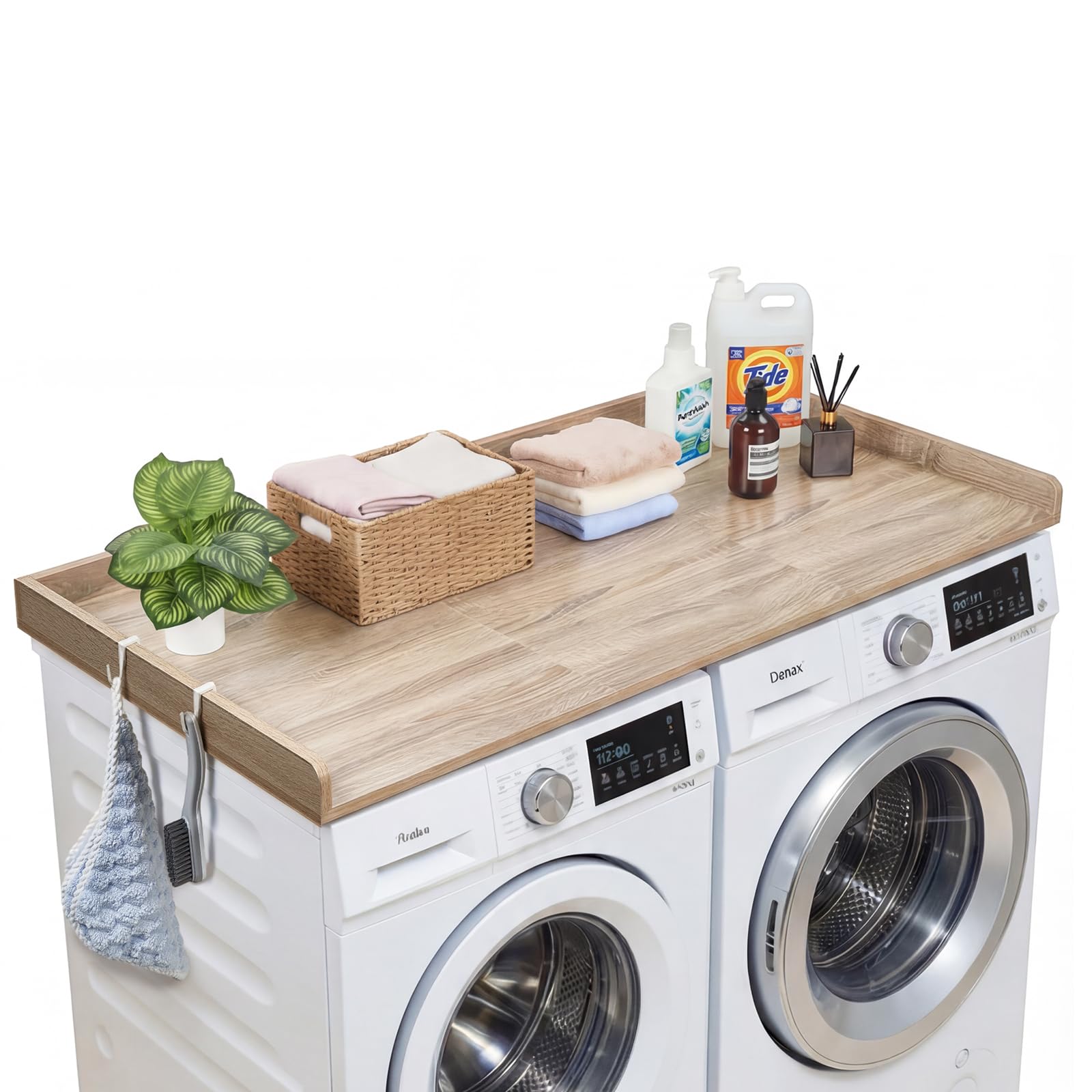 VEVOR Encimera para Lavadora y Secadora 137 x 69,9 cm, Cubierta Superior de Madera Soporta hasta 113 kg con Borde Elevado, Ganchos Laterales, Almohadillas para Baño Lavadero Balcón Cocina, Color Roble