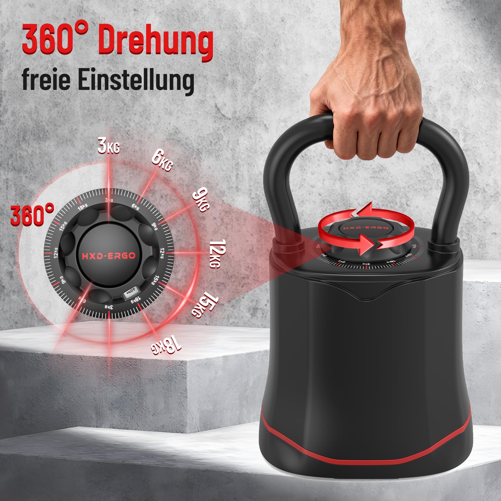 HXD-ERGO Verstellbare Kettlebell 6-in-1 (3–18 kg), Schnellwechsel-Gewicht, Breiter Griff, Kompakte Kugelhantel für Zuhause & Home Gym Training