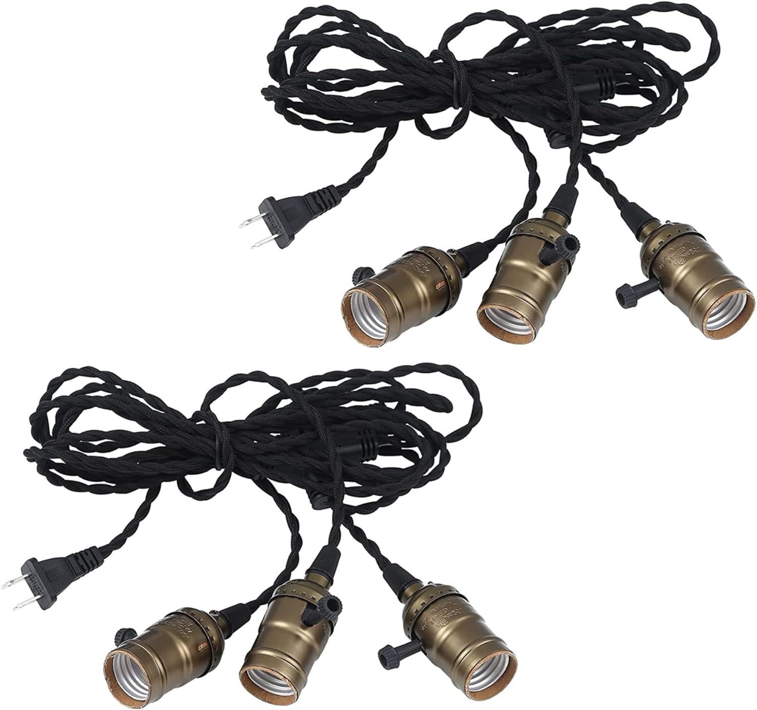 Simple Deluxe 15FT Triple Bulb Pendant Light Cord, Suitable E26 Socket with Independent Switch, Twisted Black Cloth Plug in Hanging Light Kit, 2 Pack
