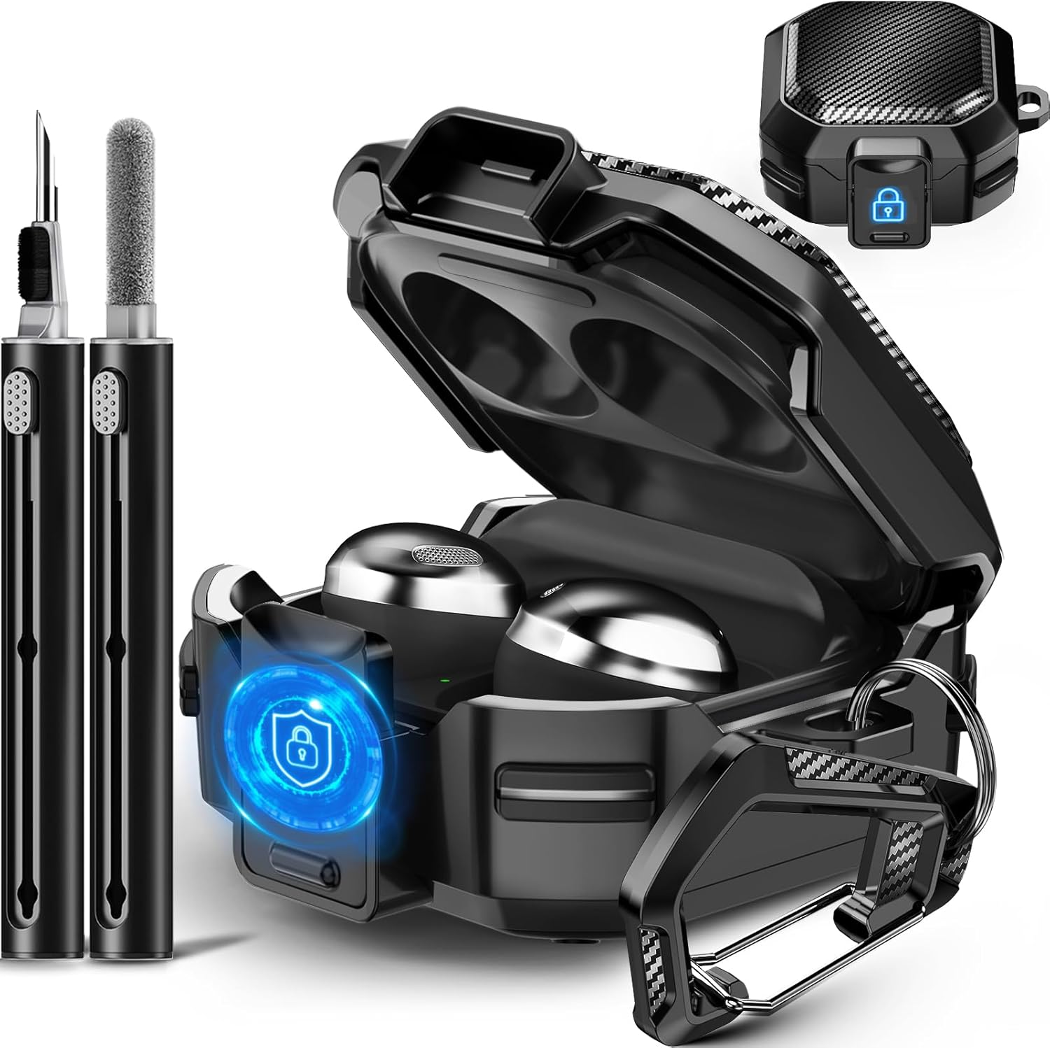 【with Safety Lock】 Carbon Fiber Case for Samsung Galaxy Buds Pro 2 Case/Galaxy Buds 2 Case/Galaxy Buds Live Case/Galaxy Buds Pro Case/Galaxy Buds FE Case 2023 with Keychain/Cleaner Kit – Black