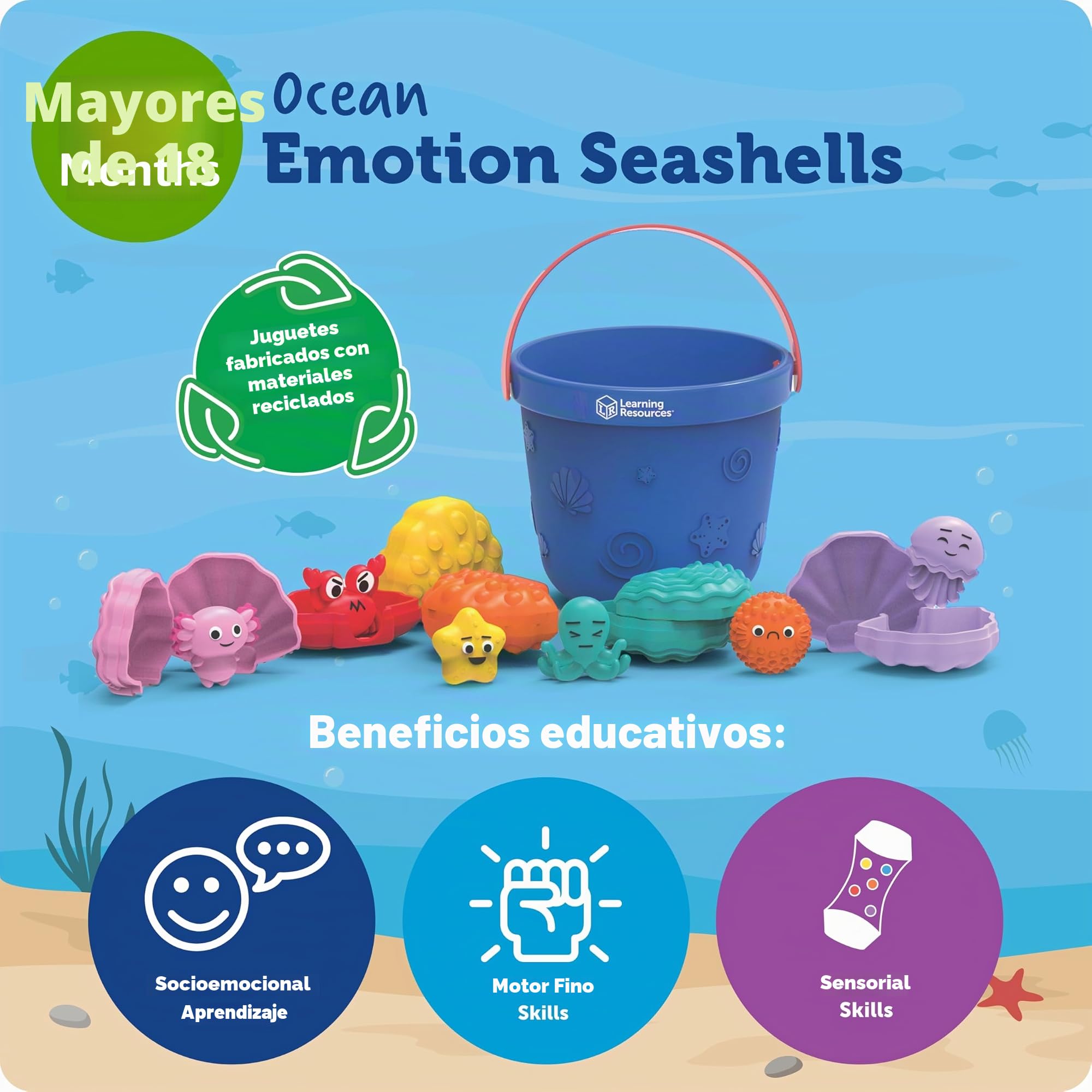 Learning Resources Conchas Emocionales de Mar, Ayuda a Reconocer y Expresar 18 Emociones con Las 6 Divertidas Criaturas Marinas, Mejora Memoria y Motricidad, 19 Piezas, Bebés 18 Meses Niños 1 2 años