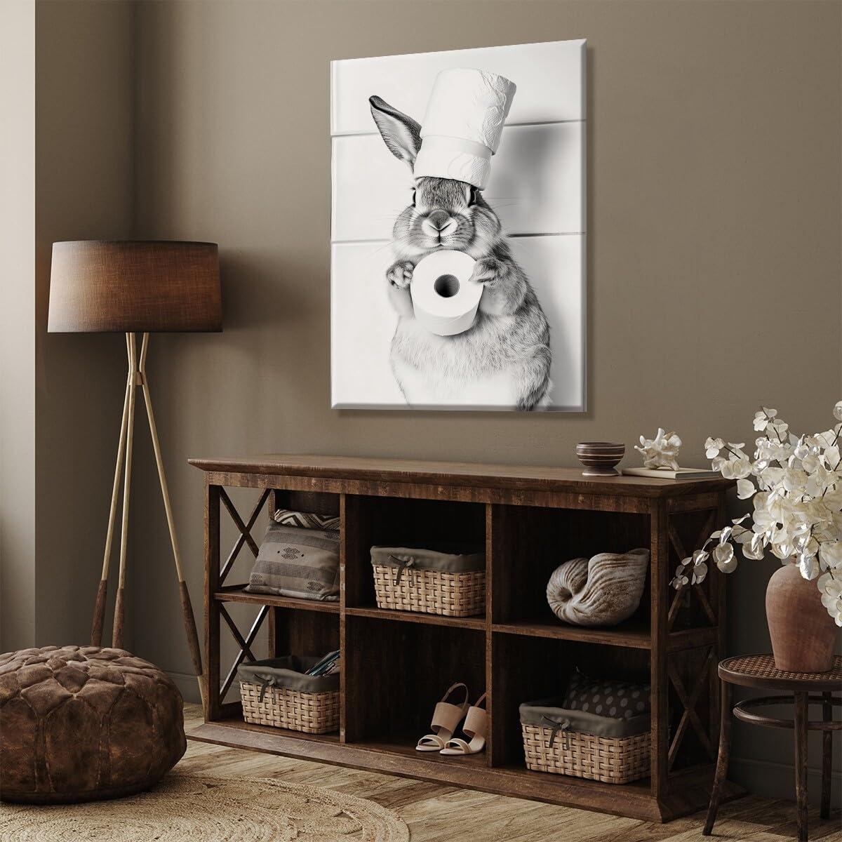 Poster de lapin avec papier toilette sur la tête ou toile – Décoration murale amusante pour salle de bain – Sans cadre – 20,3 x 30,5 cm