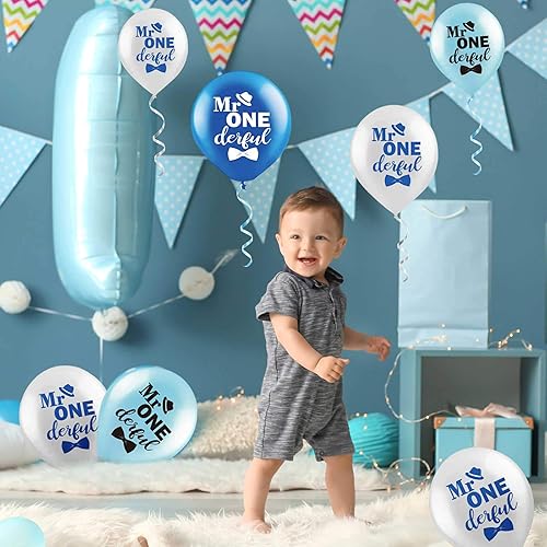 Miniatura 5 de Sumind 45 globos de látex de 12 pulgadas para niños de 12 pulgadas, color azul y blanco, globos de látex para el primer cumpleaños con 2