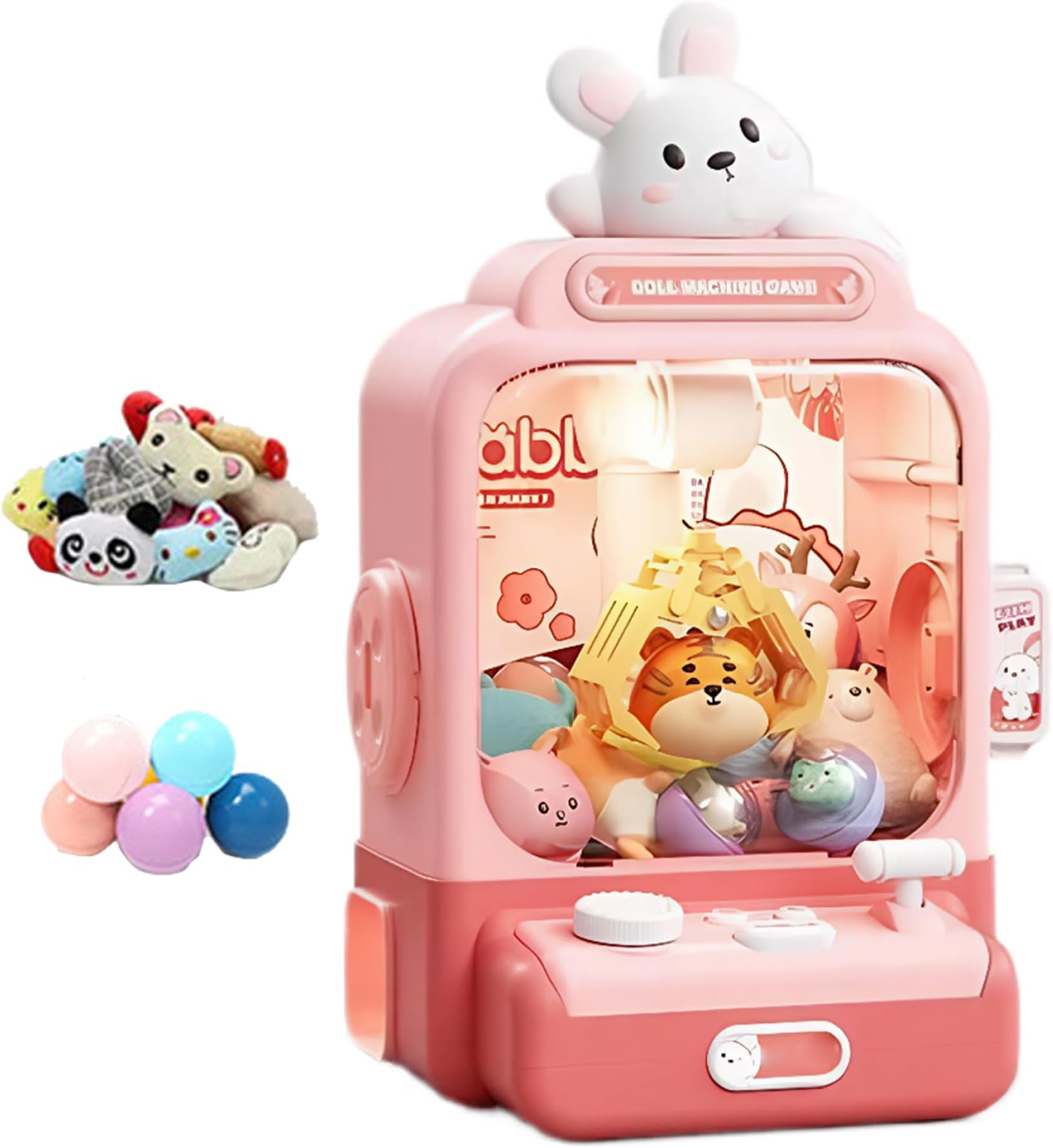 Mini Claw Machine for Kids Battery Powered, Rabbit Home Mini Vending Machine with 10 Dolls & 10 Toys, Cute Christmas Toys for Children
