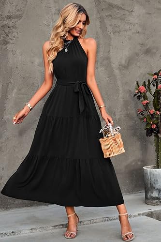 Vista 5 de PRETTYGARDEN Vestido largo de verano para mujer con flores, vestido sin mangas con cuello halter, fluido, con volantes en el dobladillo, largo