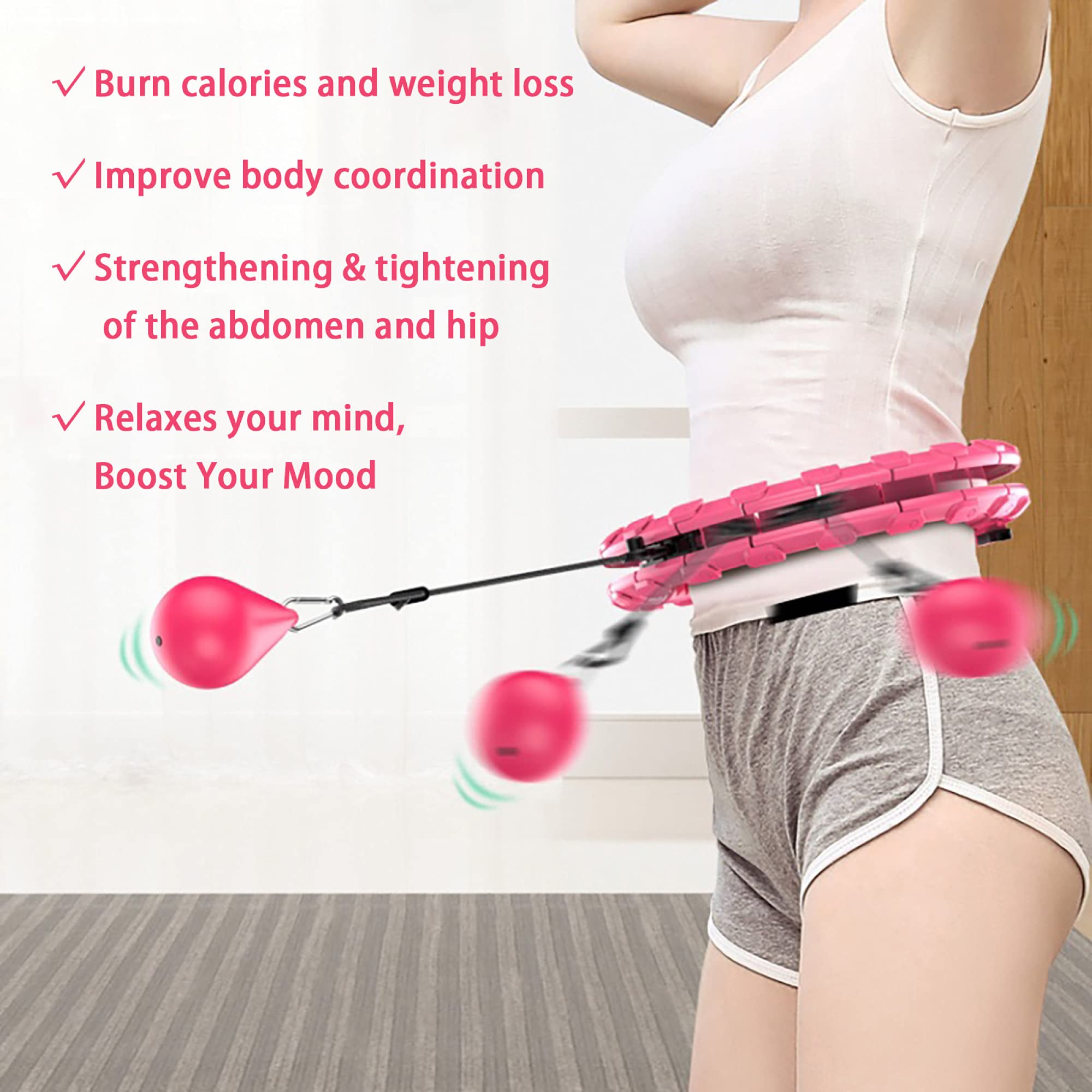 Smart Hula Hoop, 2 in 1 Bauch Fitness ÜBung Massage Hu-la Hoop Reifen, mit 360 Grad Automatisch Drehendem Ball, FüR AnfäNger Kinder Erwachsene/Rosa / 19 Knots