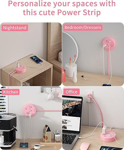 Miniatura 5 de NTONPOWER - Cable de extensión de 10 pies de largo con USB, estación de carga rosa NTONPOWER con 3 tomas de corriente y 2 USB, enchufe plano,