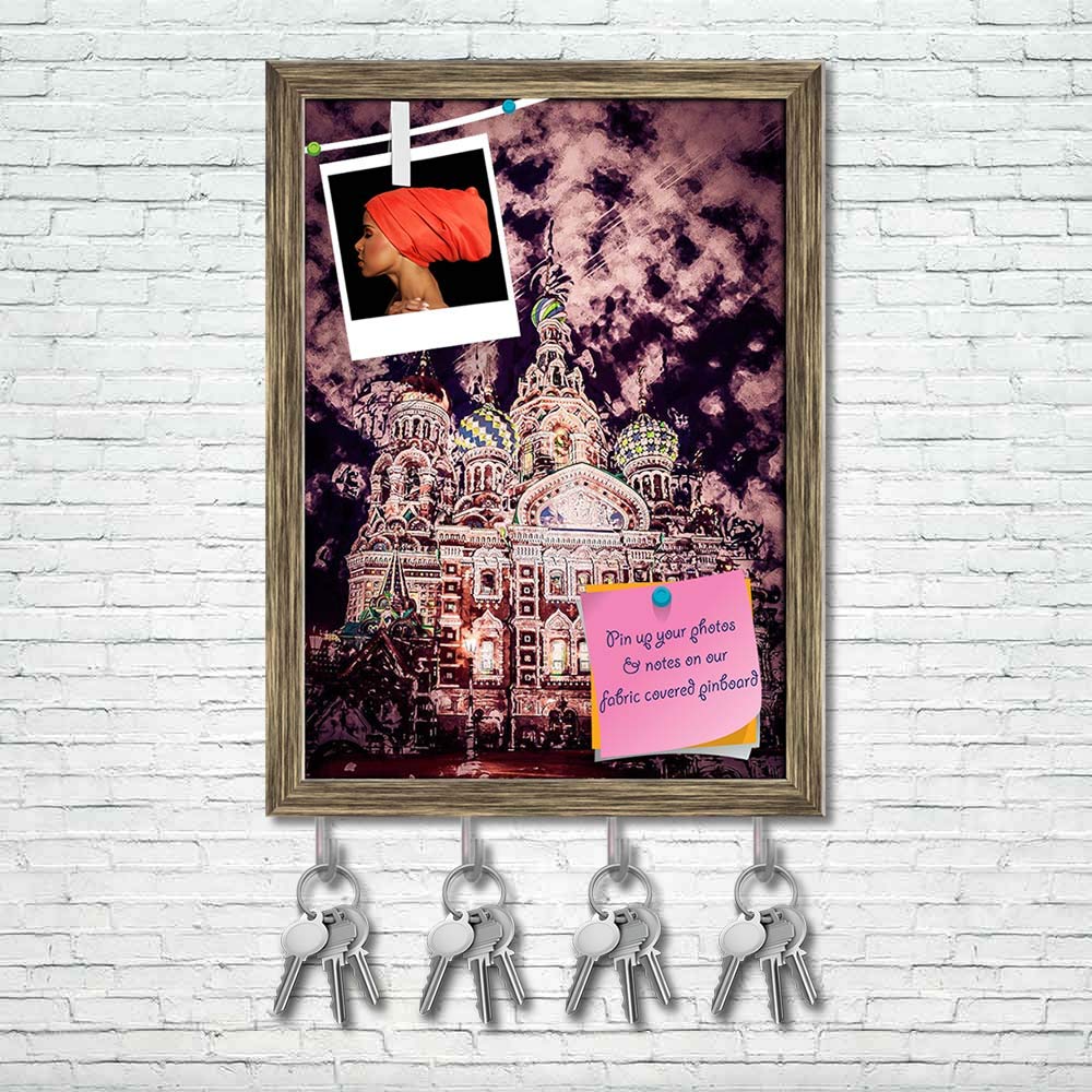 ArtzFolio Saint Petersburg Church, Russia D1 Bulletin Notice Pin Board | Vision Soft Board | Inbuilt Key Holder Hooks | Antique Golden Frame 8 x 10.9 inch (20 x 28 cms)