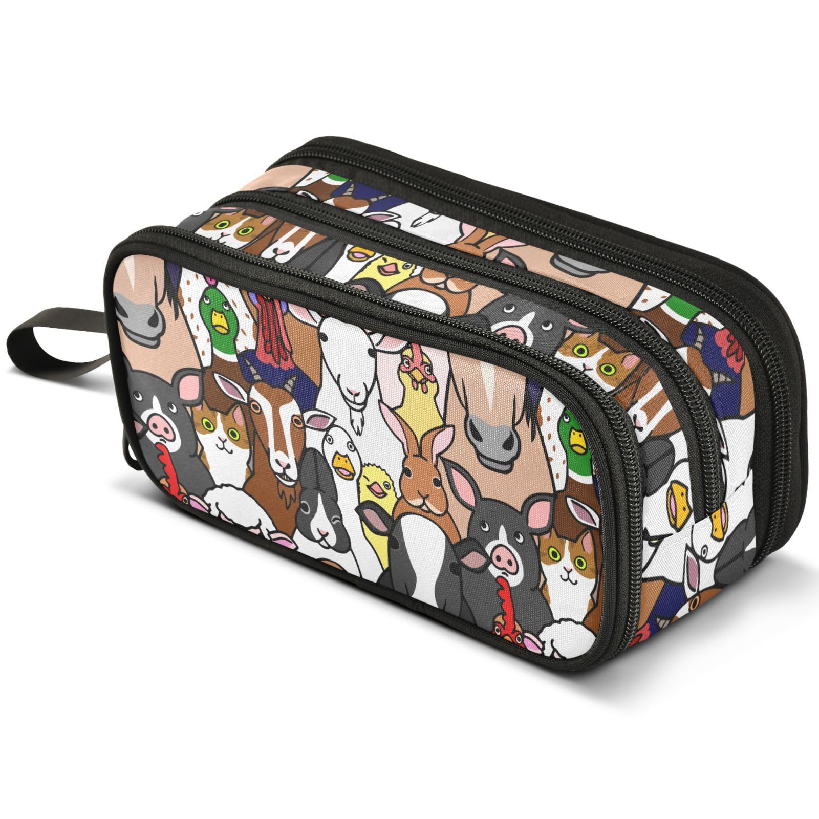 Mnsruu Doodle Farm Animals Faces Pencil Case Large Capacity Pen Pouch Pencil Bag with 3 Compartments Pen Holder Organizer Stationery Bag