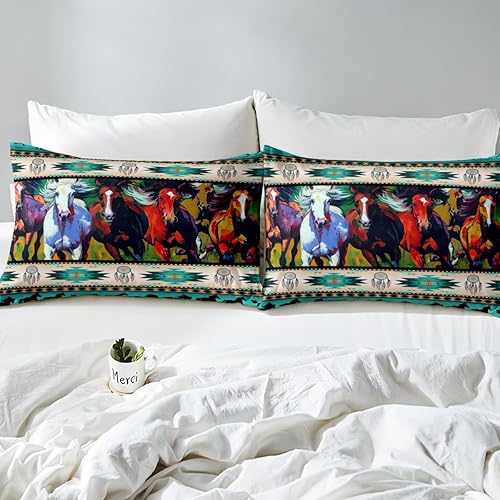 Miniatura 5 de Erosebridal Juego de funda de edredón con diseño de caballos verdes del suroeste nativo azteca, funda de edredón de vida silvestre de granja, juegos