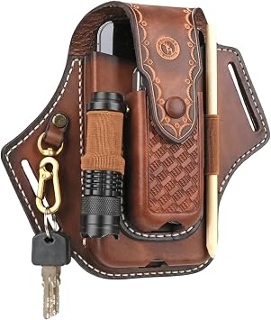 Leather Cell Phone Holster Case Multitool Sheath Flashlight Belt Pen Holder