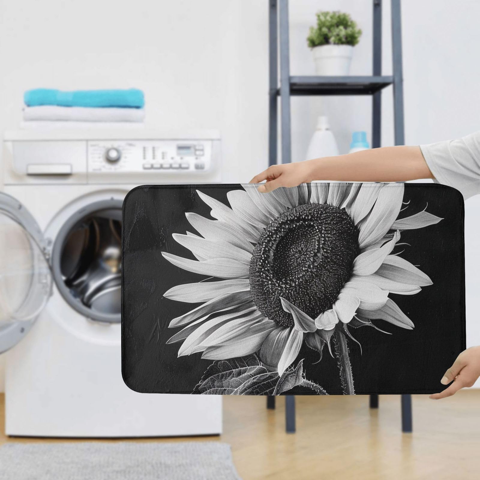 Lot de 3 tapis de bain antidérapants et absorbants en flanelle à imprimé tournesol noir et gris