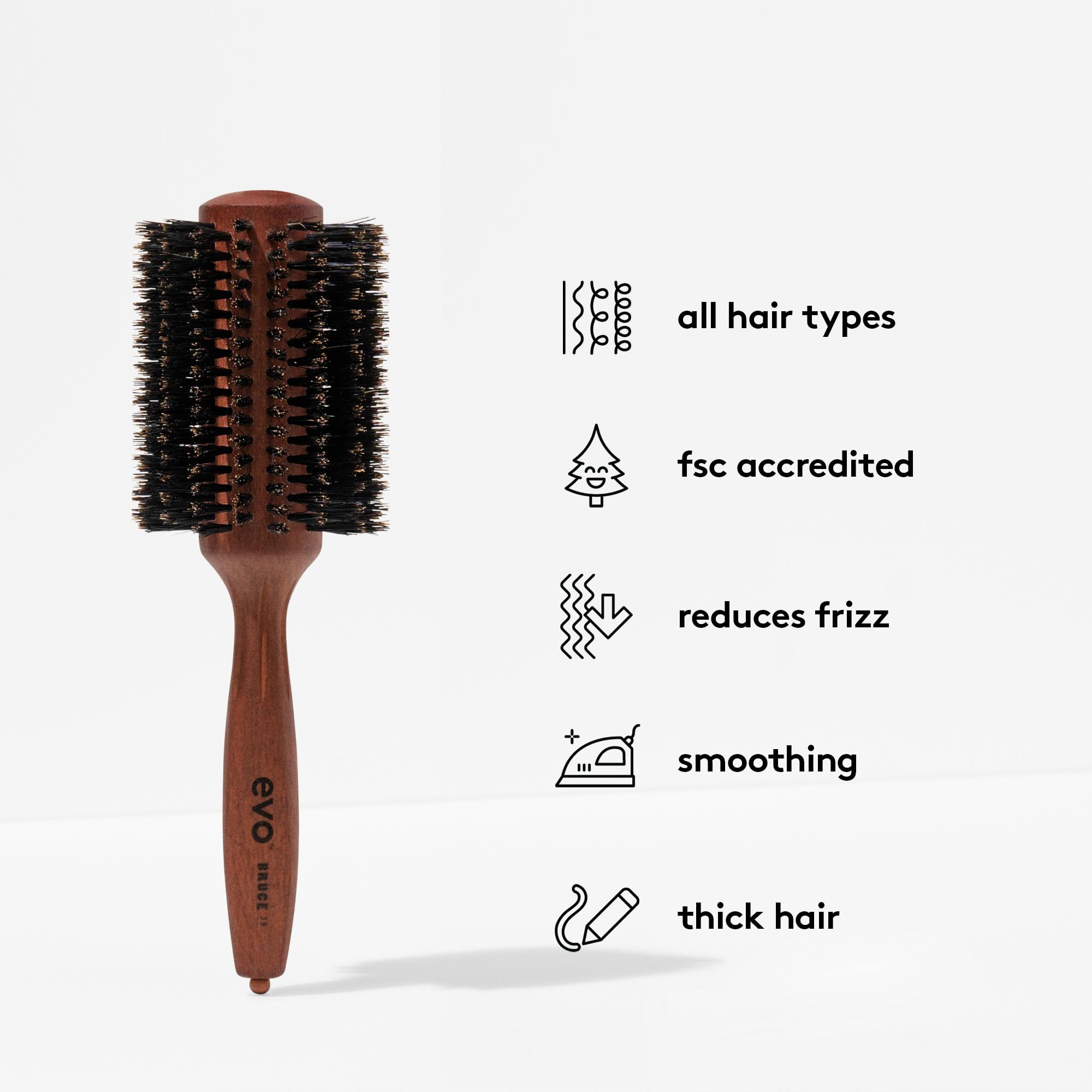 evo Bruce Natural Cepillo de pelo radial – Cepillo profesional de cerdas para peinar y pulir – Cepillo voluminizador – 38 mm