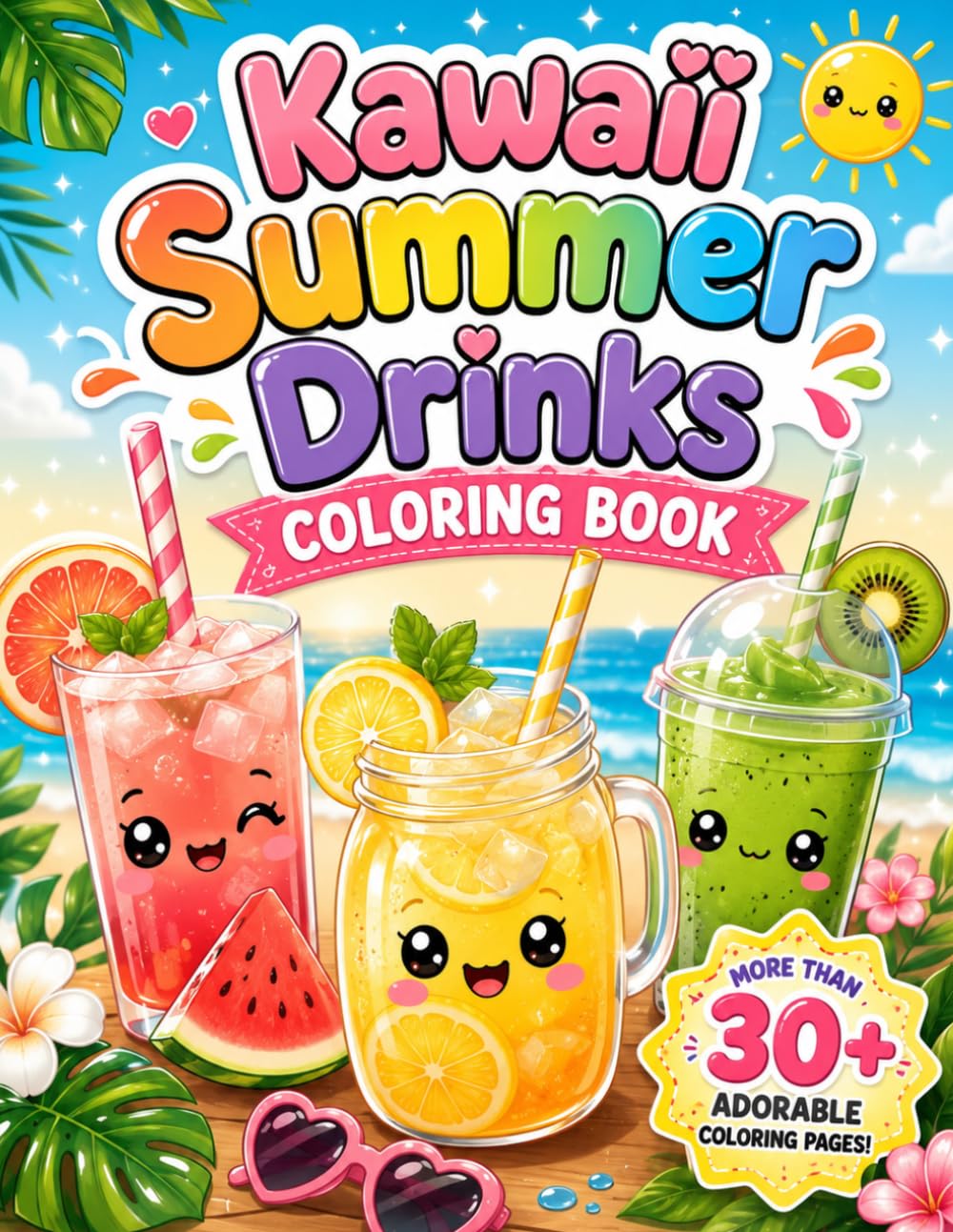 Kawaii Summer Drinks Coloring Book: 30+ Cute and Easy Summer Drink Coloring Pages for Kids with Smoothies, Lemonade, Juice, Fruit Drinks and Tropical Fun