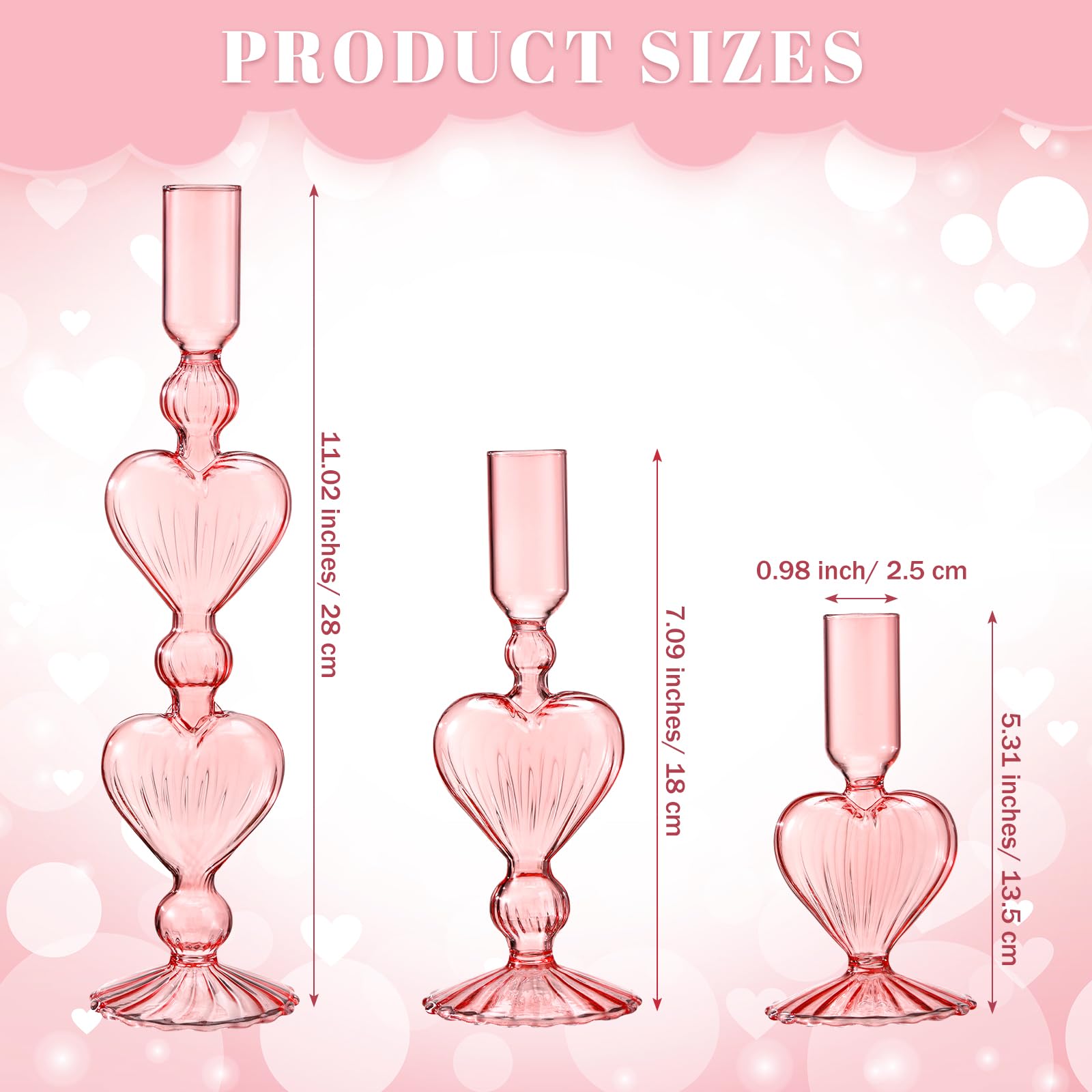 Pink Glass Heart-Shaped Candlestick Holders - Set Of 2, 3.3 Inch, For Wedding & Decor - View #7