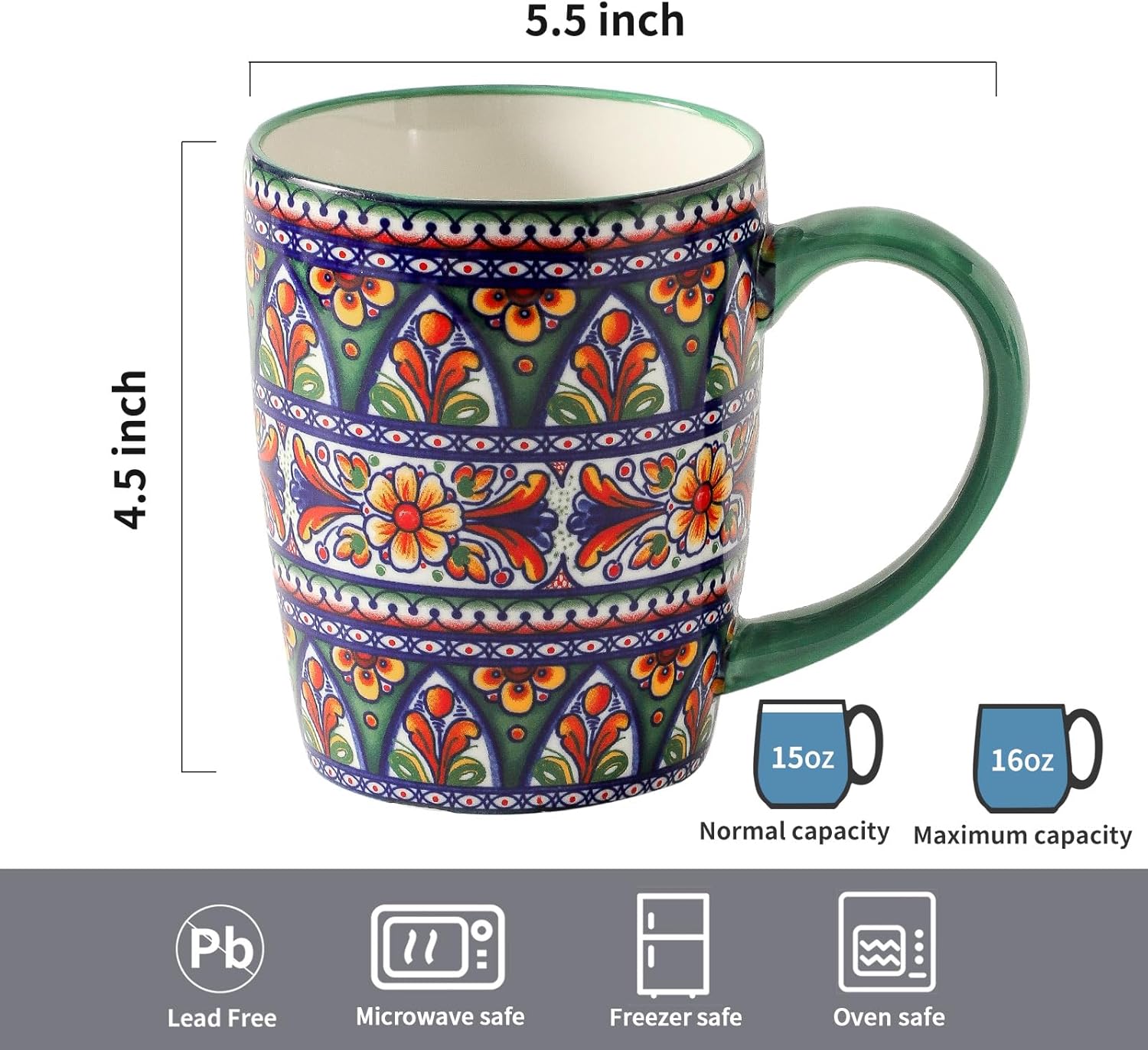 HASENSE Coffee Mugs, 15 OZ Coffee Cups Ceramic Set of 4 with Handle and Bohemian Style for Man Woman, Vintage Stoneware Porcelain Coffee Cups Set for Tea, Cocoa, Milk, Latte and Cappuccino - Multi