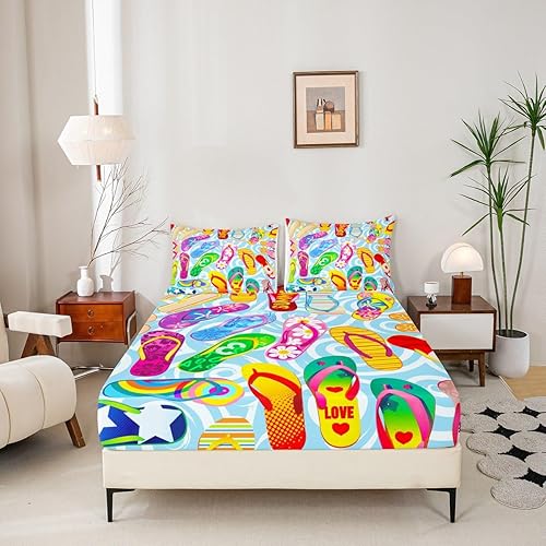 Miniatura 5 de Coloridas chanclas bajeras tamaño matrimonial, juego de ropa de cama de vacaciones de playa oceánica de 3 piezas para decoración de habitación de