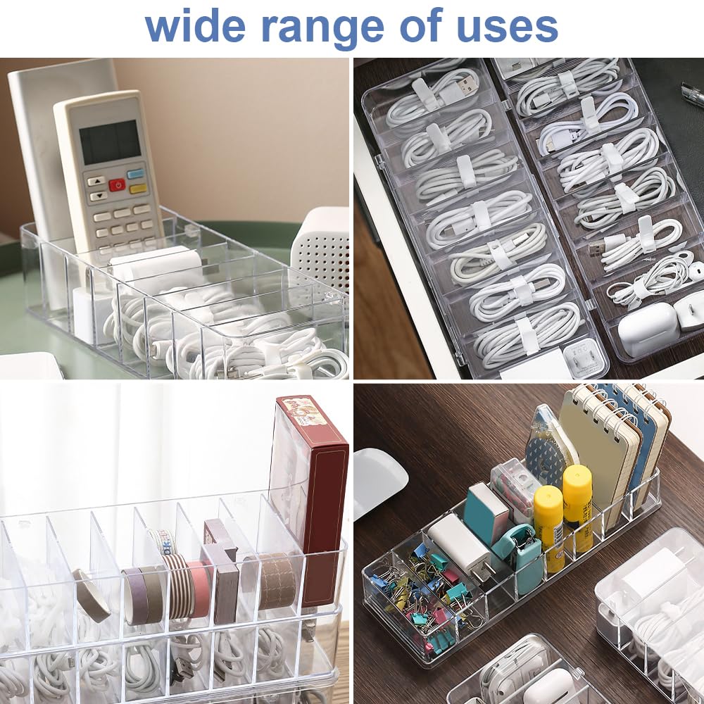 Przezroczysty organizer na kable z 8 przegródkami i 10 opaskami kablowymi, przezroczysty organizer na kable do biura