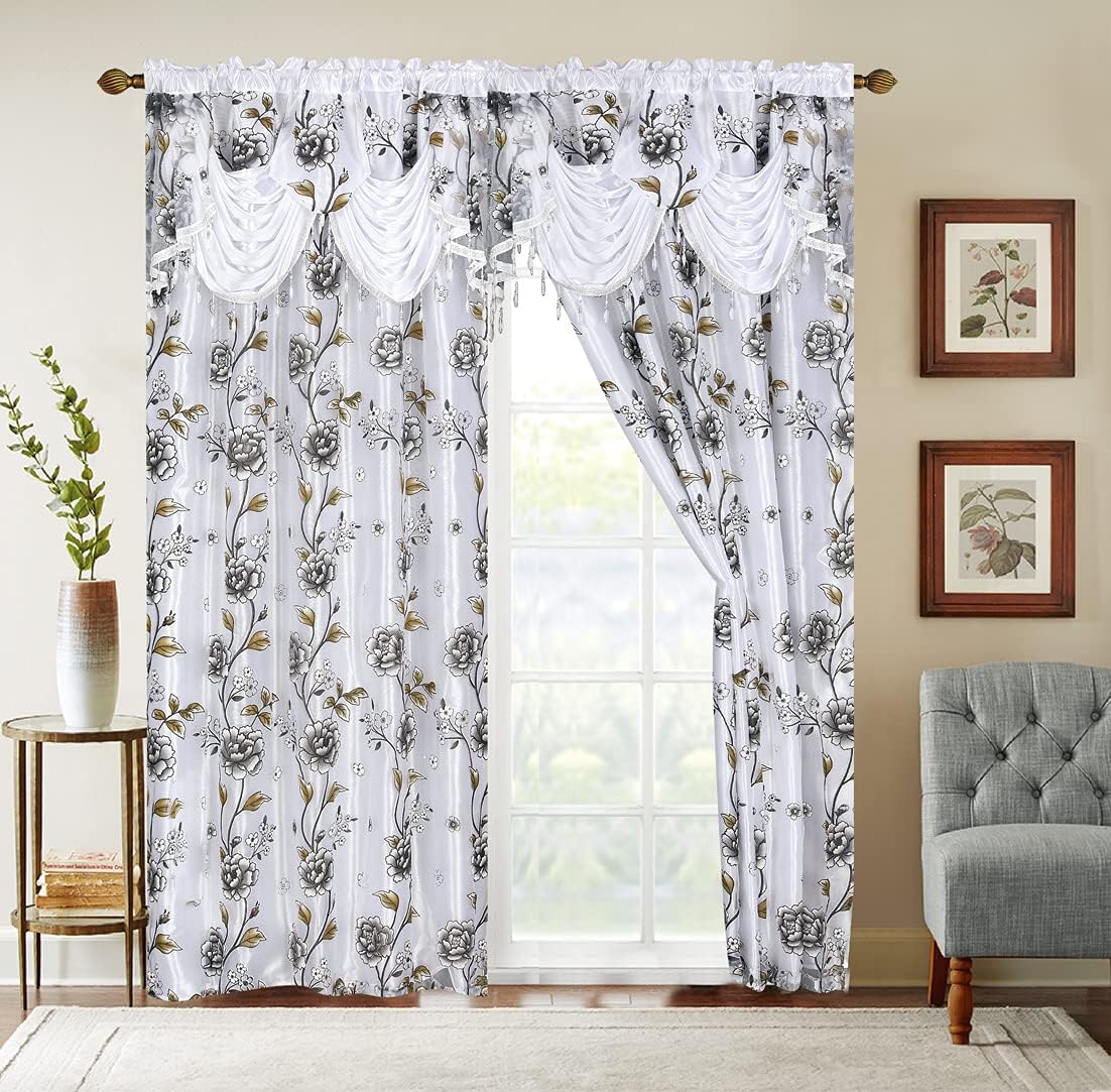 GLORY RUGS Flower Curtain Window Panel Set Luxury Curtains with Attached Valance and Sheer Backing Living Room Bedroom Dining 55x84 Each Balsam Collection (55x84, White)