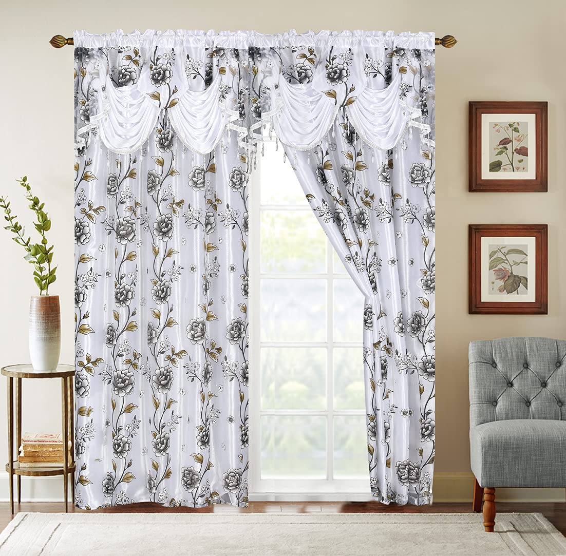 GLORY RUGS Flower Curtain Window Panel Set Luxury Curtains with Attached Valance and Sheer Backing Living Room Bedroom Dining 55x84 Each Balsam Collection (55x84, White)