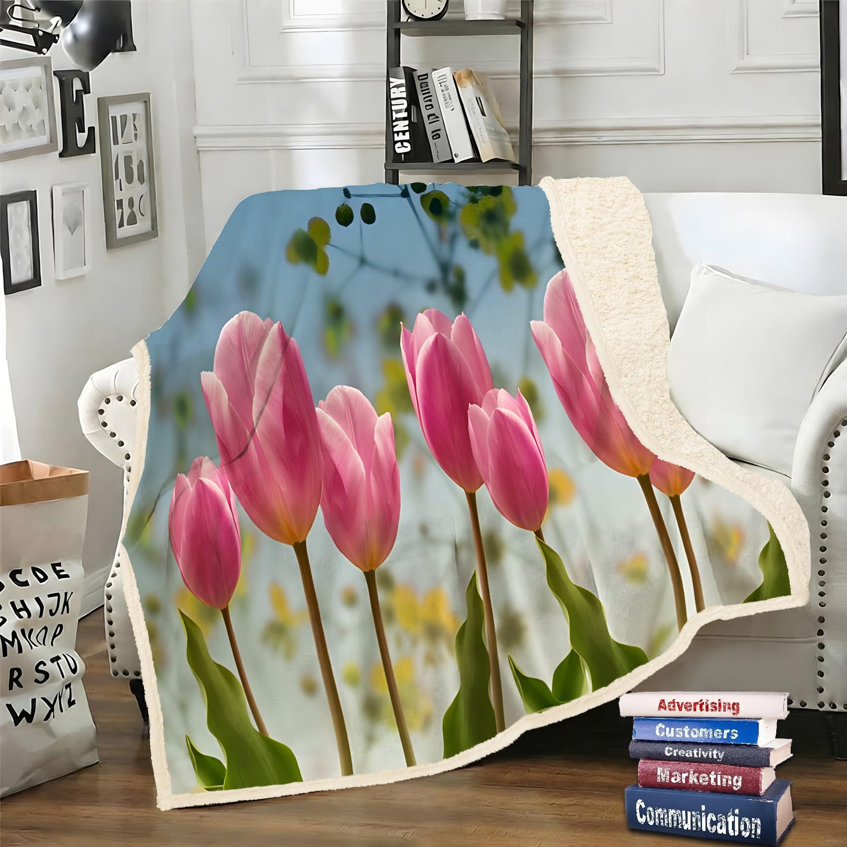 Rosa Tulpe Fleecedecke 130x150 cm – Extra dick & kuschelweich, Flowers Flauschige Decke für Einzelbett, Sofa & Wohnzimmer, Überwurf