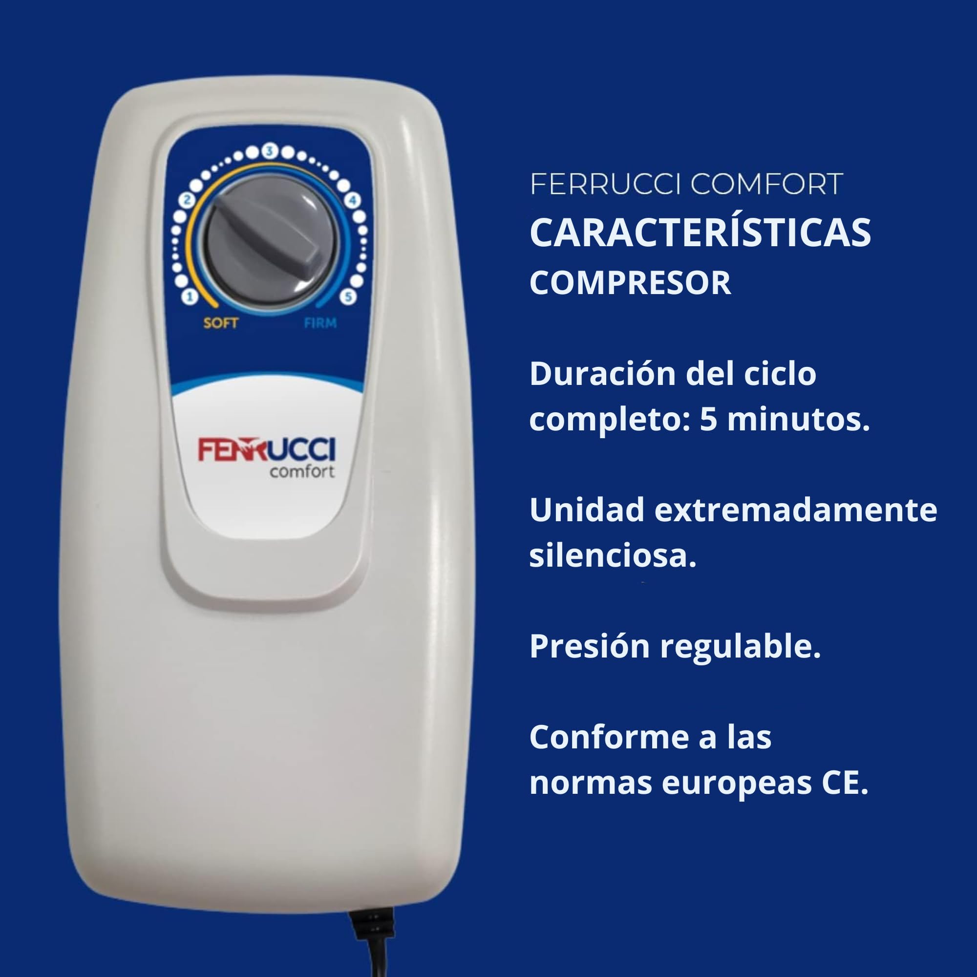 FERRUCCI COMFORT Colchón Antiescaras de Aire Alternante, con Motor Compresor Silencioso, PVC Médico ignífugo, para Escaras Grado 1, 200 x 90 x 7 cm, DM1 130 Celdas, Marca CE