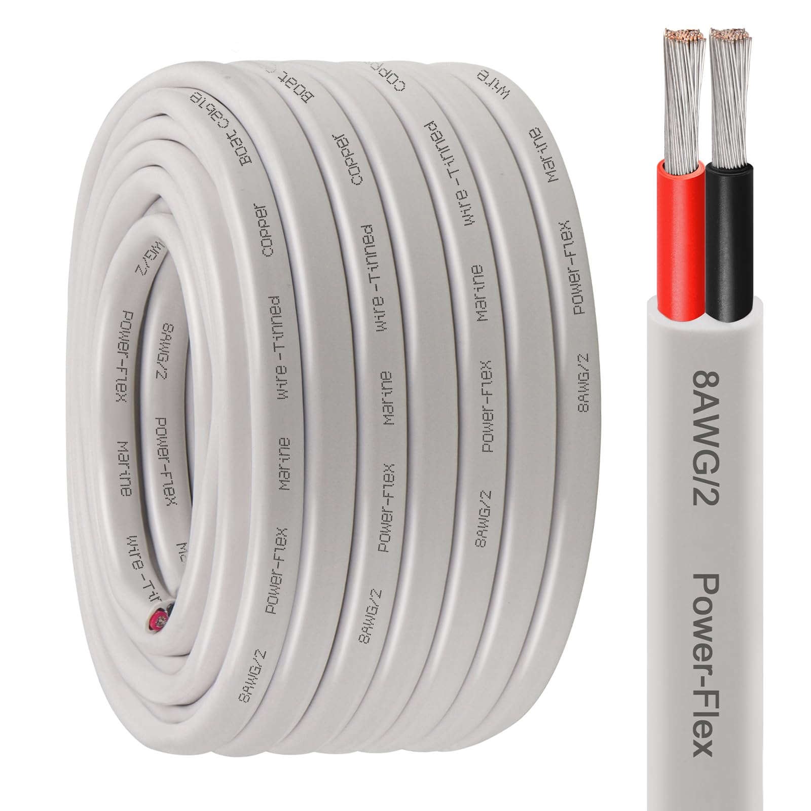 Kimbluth 8 Gauge Duplex Marine Wire Tinned Copper Boat Cable, 50ft 8 AWG Standard USA OFC Oxygen Free Copper Wire for Automotive Boat Speakers Solar Outdoors