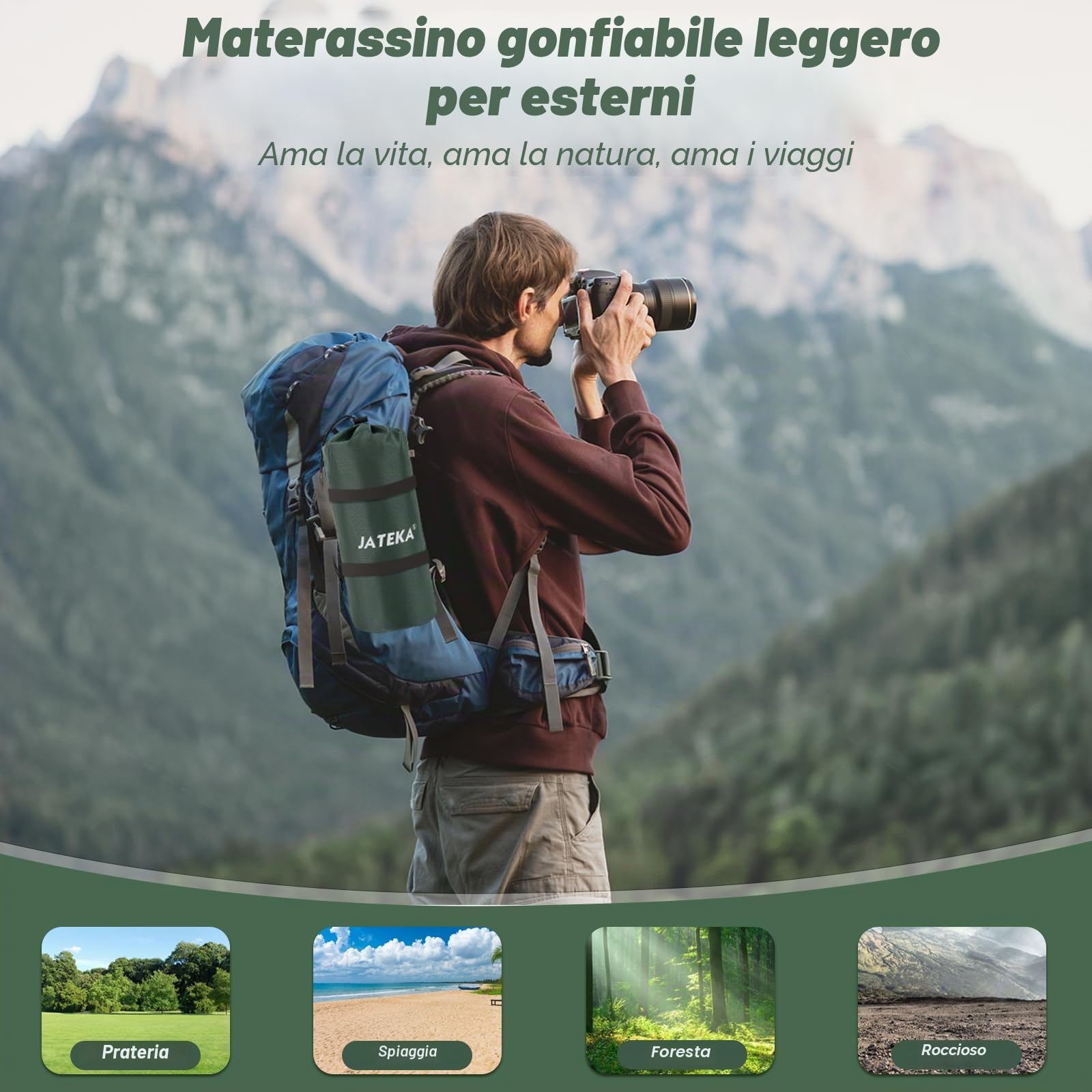 JATEKA Materassino Campeggio, Autogonfiabile Materasso Gonfiabile Singolo Con Pompa A Pedale, Materassino Gonfiabile Con Cuscino, Compatto E Leggero, Ideale Per Campeggio Trekking Viaggi Tenda