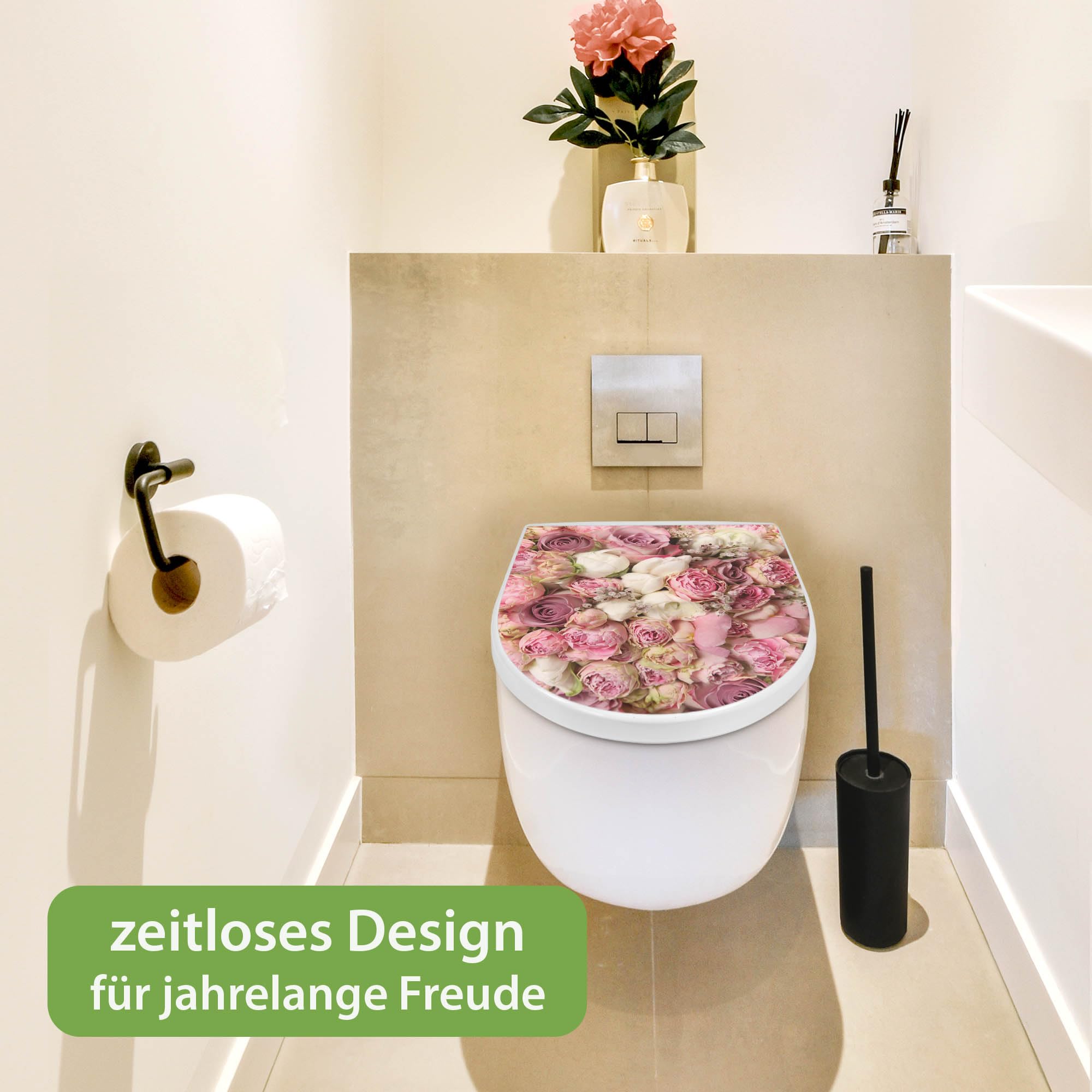 banjado WC Sitz mit Absenkautomatik D Form - Toilettendeckel mit Absenkautomatik D Form - Klodeckel Softclose - stabile Klobrille - Toilettensitz Weiß - Motiv Strauss Rosen