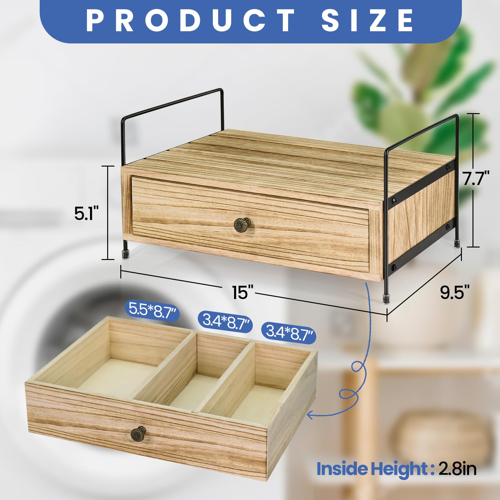 Wooden Detergent Holder for Laundry Room Organizer, Shelf Organizer for Liquid Laundry Detergent, Laundry Detergent Holder with Drawer for Dry Sheets, Dry Balls, Pods, Clips, Laundry Room Decor