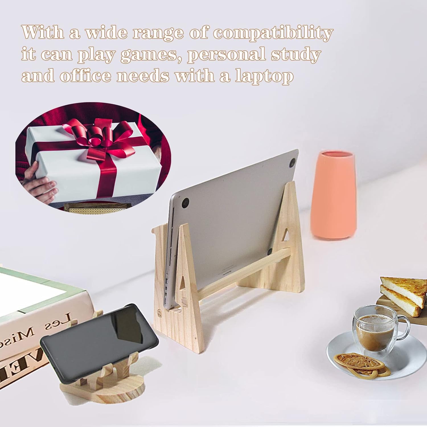 Wooden Laptop Stand, Universal Upgraded Version of The Little elk Wood Phone Holder, Multifunction Storage, Portable Laptop Storage Rack, Suitable for 15-17.6 Inch Computers