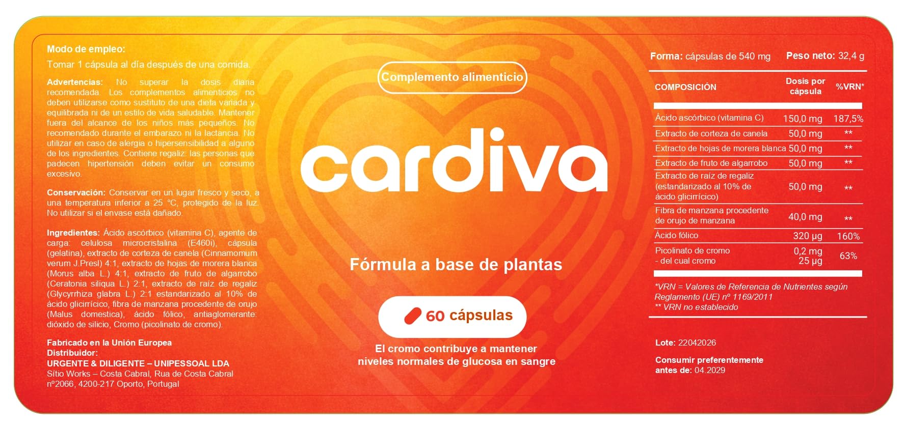 Cardiva Complément Alimentaire – 60 Gélules – avec Vitamine C, Extrait de Cannelle, Aubépine, Ail, Chrome et Extraits Végétaux