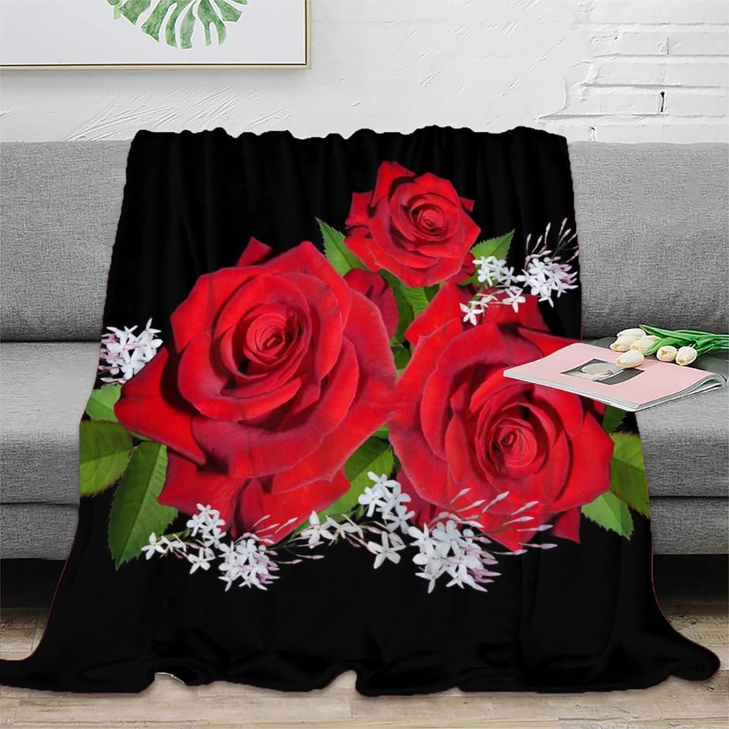 Couverture Polaire 180 x 220 cm Rose Rouge, Plaid Polaire Fleurs Couverture 3D Imprimée Flanelle Blanket Literie 2 Personnes, Couvertures Doux et Chaude pour Canape Lit D437