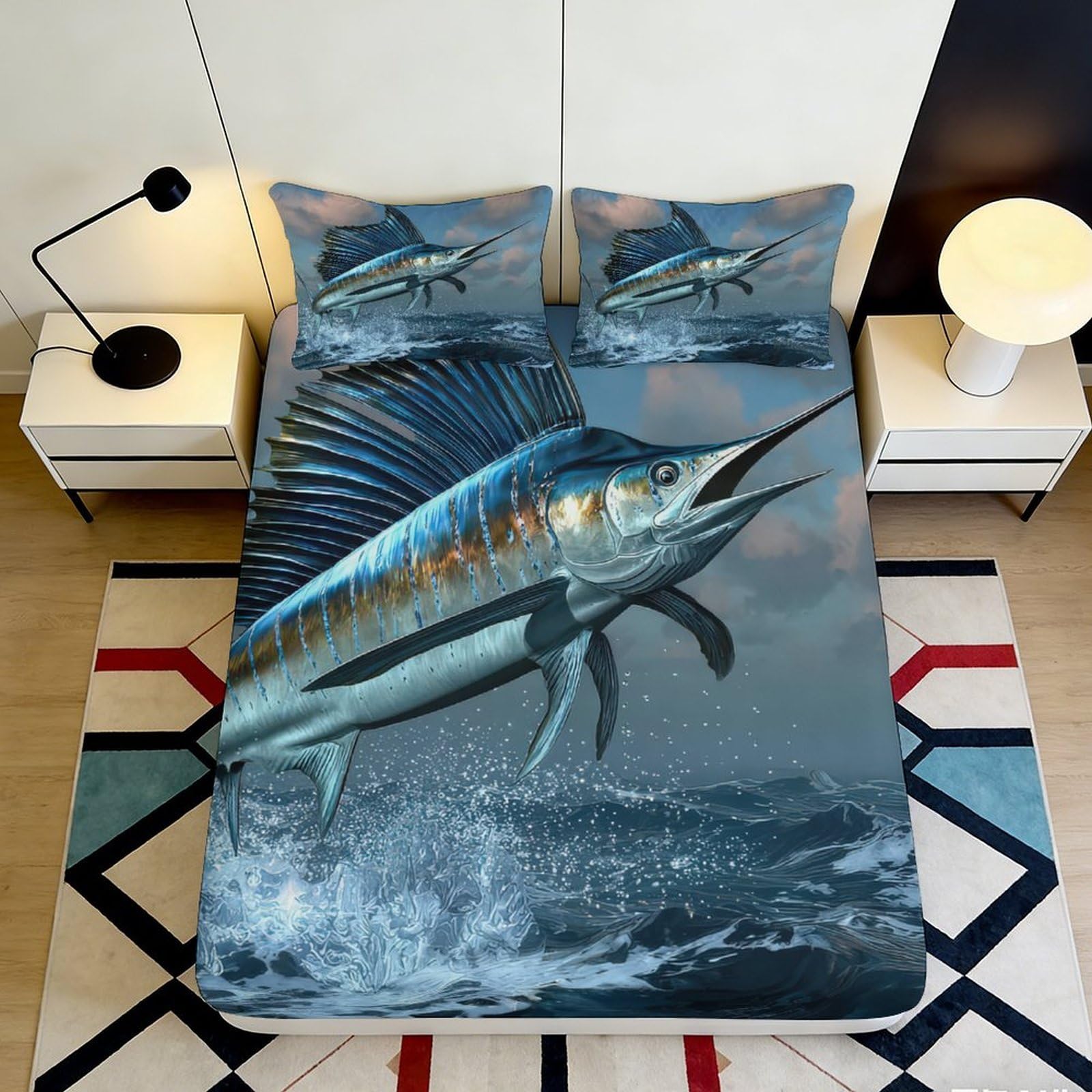 Dhbaneiok Style-7 3D Printed Ocean Marlin Fitted Sheet Microfiber Soft Breathable Deep Sea Bed Cover For Bedroom Guest Room Decor 90X200x25cm