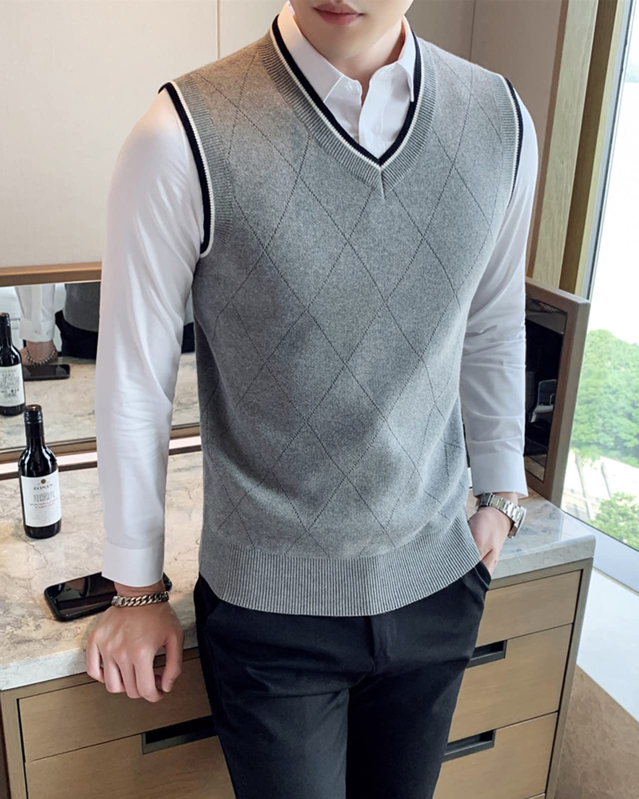 Pull sans Manches Homme Col V Gilet en Tricoté Casual Business Débardeurs Doublure Chaude