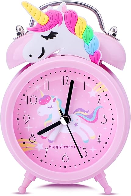 Silent Bedside Alarm Clock Battery Operated,Non-Ticking Pink Unicorn Clock for Girls Bedroom Desk,Classic Loud Twin Bell Clock with Backlight