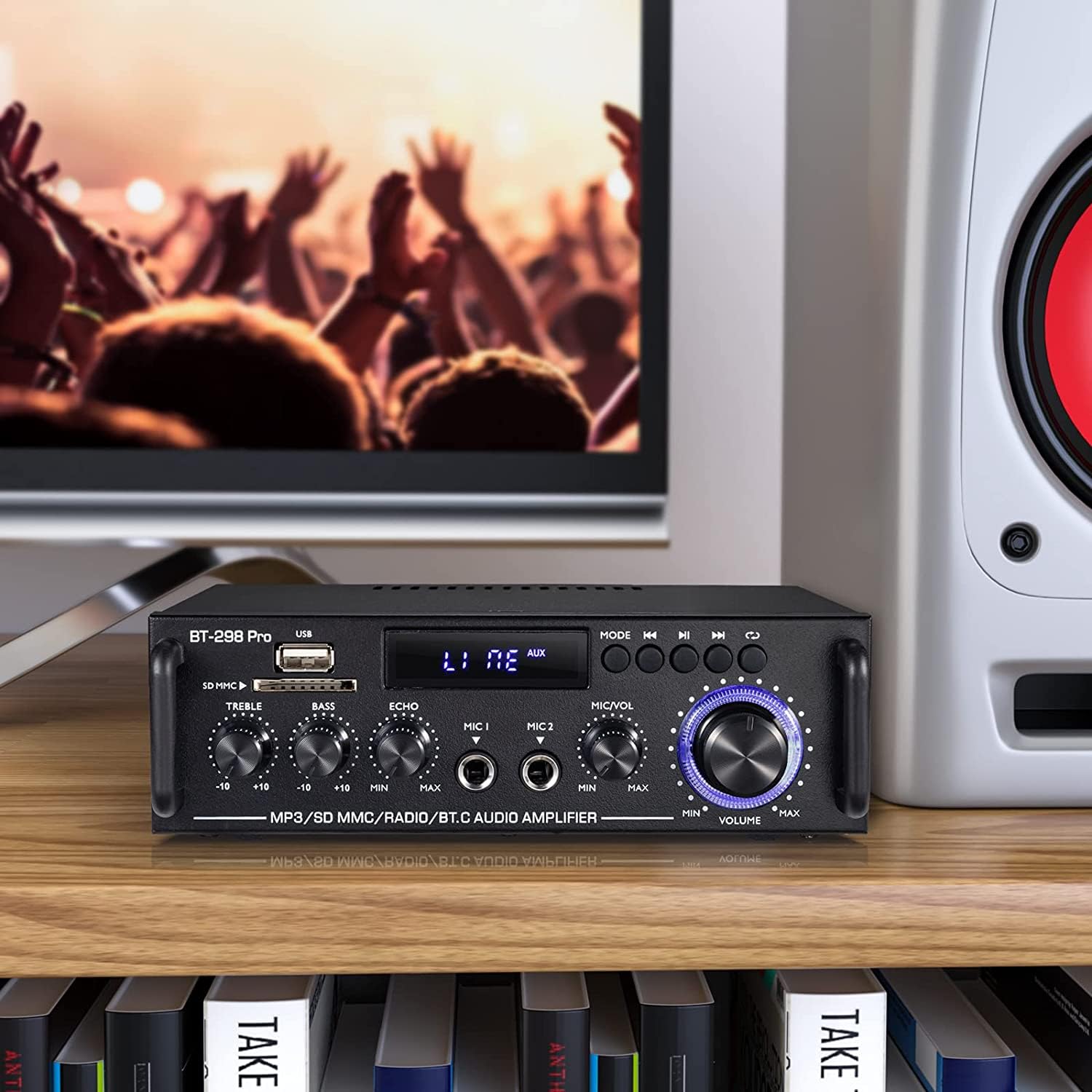 298 Pro Mini Amplificateur Bluetooth 5.0, Audio HiFi 2 Canaux, Max 500W x 2 RMS, 50W x 2, Récepteur Stéréo, Aigus et Basses Avec USB/RCA/MIC/FM