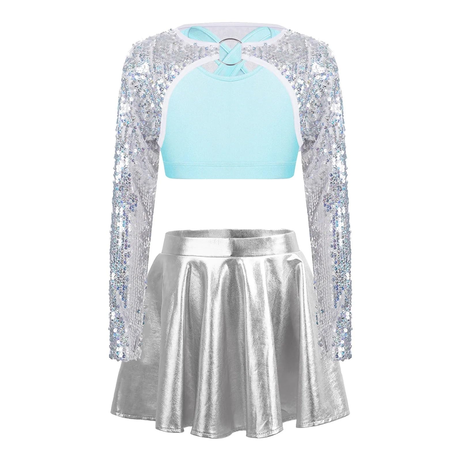 Conjuntos de Ropa de Ballet con Lentejuelas for niñas, Top Corto, Falda metálica for Danza Jazz, Disfraces de actuación escénica(Light Blue,14)