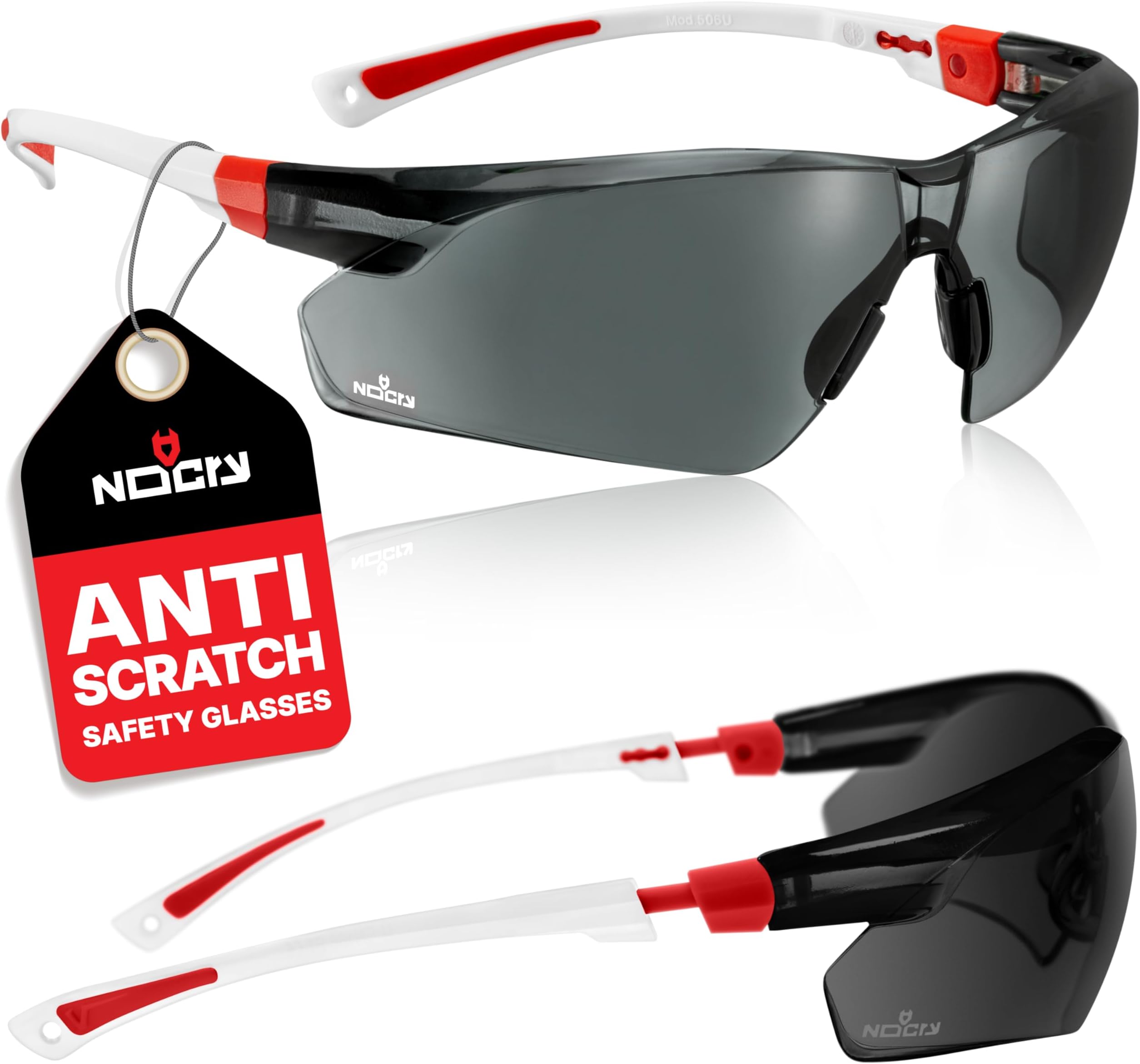 NoCry Safety Sunglasses with Green Tinted Wraparound Lenses; Tinted Safety Glasses for Men and Women with Adjustable Arms & No-Slip Grips; Work Glasses with UV 400 Protection; White & Red