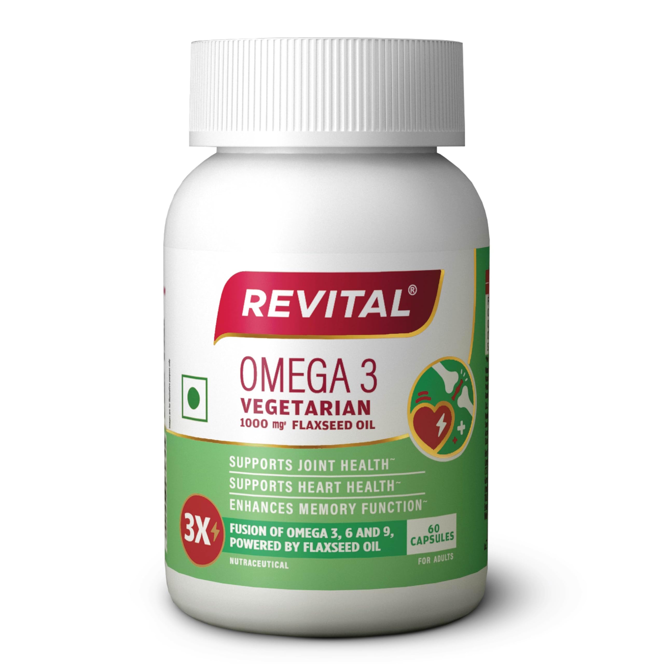 Revital Omega 3 Vegetarian 1000mg Flaxseed Oil |Supports joint health, heart health and enhances memory function | Fusion on Omega 3,6 and 9 |Plant-Powered| 60 capsules-image-20