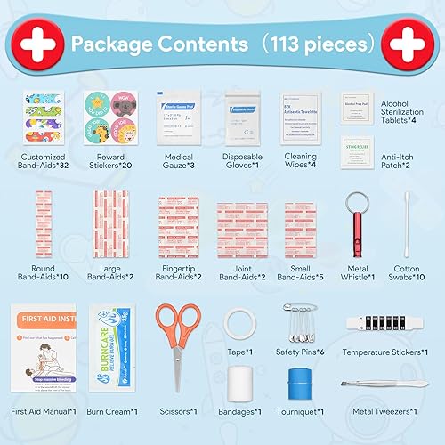 Miniatura 2 de Mini botiquín de primeros auxilios, 113 unidades, resistente al agua, duro, para niños, pequeño, lindo estuche para automóvil, hogar, tamaño de